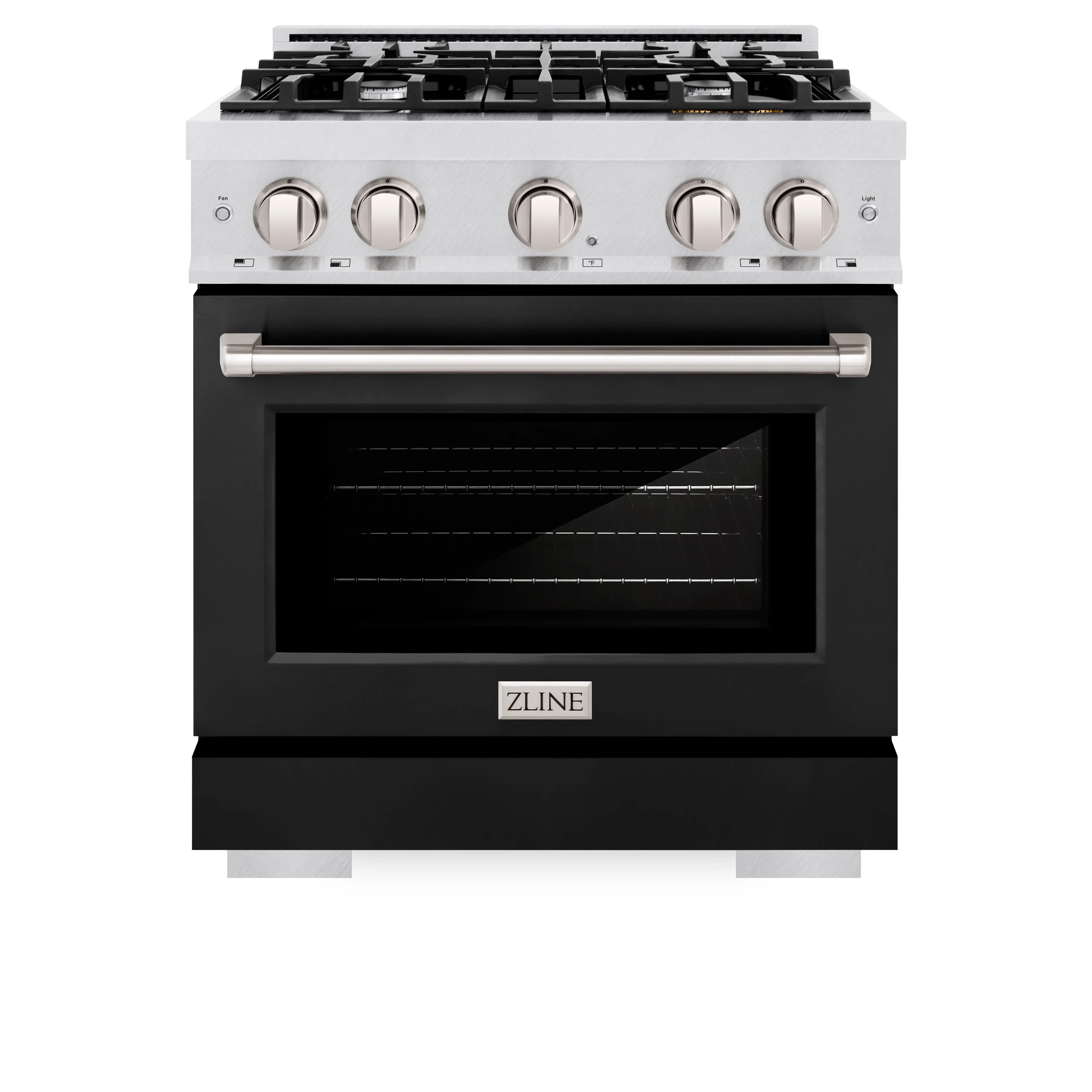 ZLINE 30-Inch Select Series Dual Fuel Range with 4 Gas Burner Cooktop and 4.2 Cu. Ft. Electric Convection Oven in Satin Stainless Steel with Black Matte Door (HDRS-BLM-30)