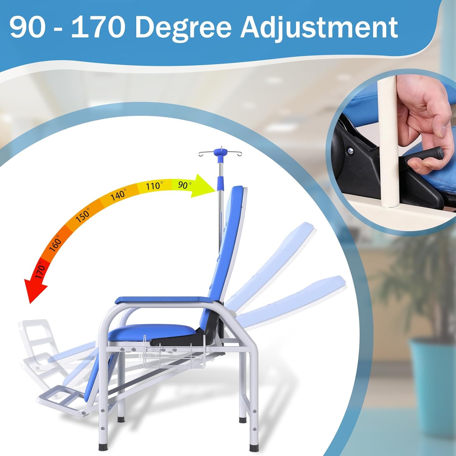 Adjustable Infusion Chair with IV Pole Stand, Lay Flat Medical Recliner Chairs, Hospital Phlebotomy Chair, Waiting Room Comfortable Padded Seat, Load Capacity 330 lbs