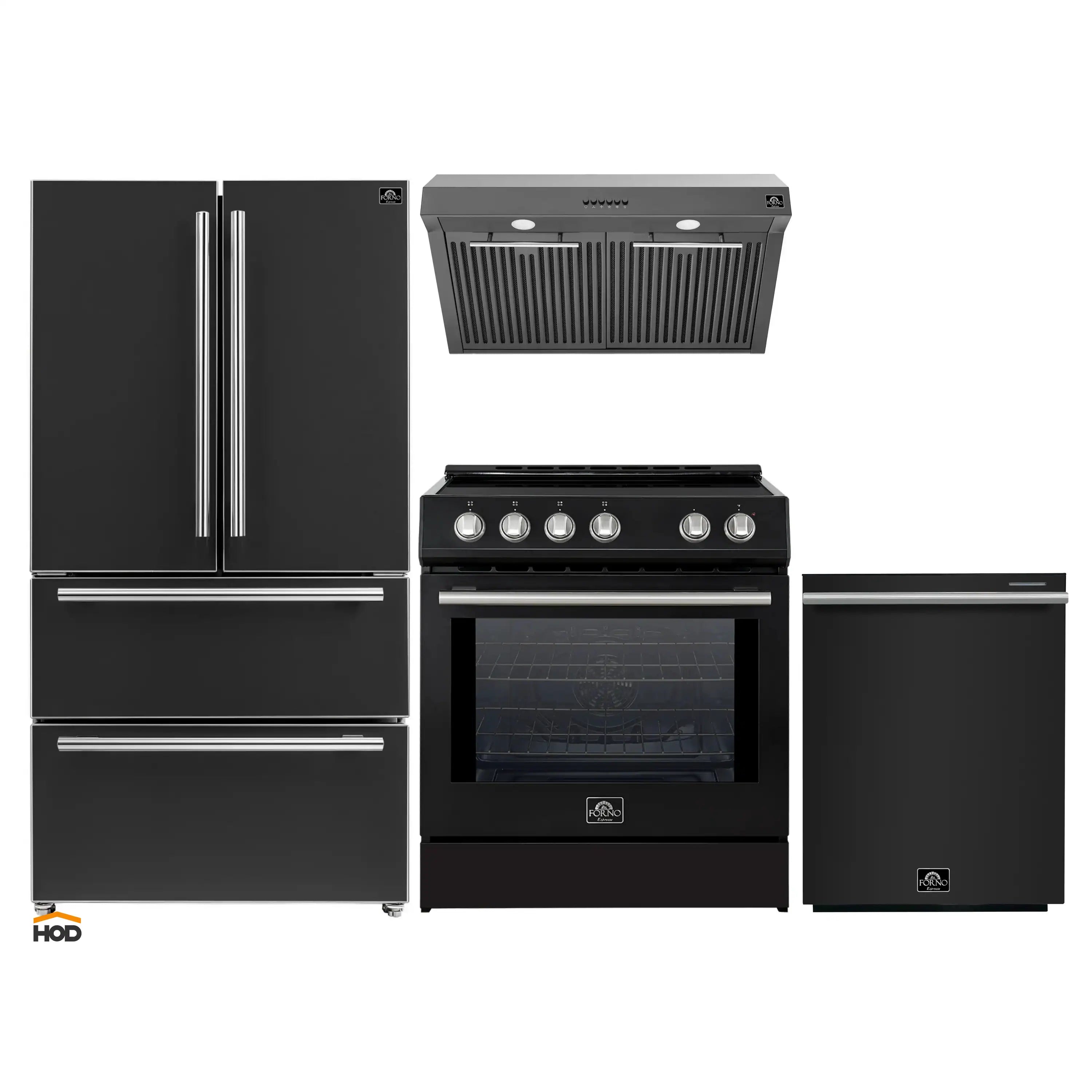 Forno 4-Piece Appliance Package - 30-Inch Induction Range, Under Cabinet Range Hood, French Door Refrigerator, and Dishwasher in Black with Stainless Steel Trim