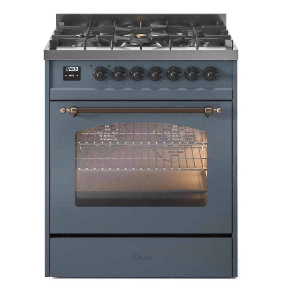 ILVE Nostalgie II 30-Inch Dual Fuel Freestanding Range in Blue Grey with Bronze Trim (UP30NMPBGB)