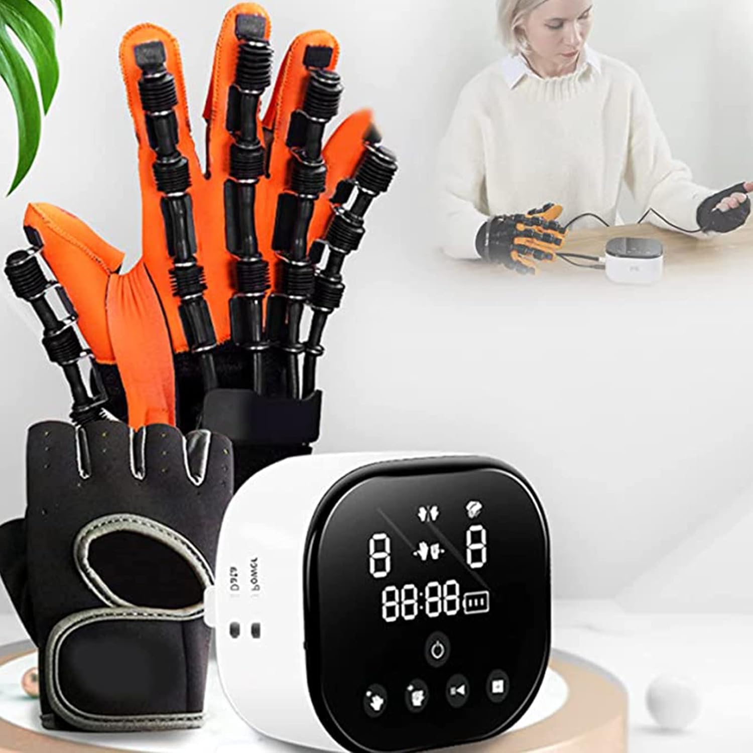Finger Rehabilitation Brace, Hand Training Finger Orthotics, with Mirror Mode and Single Finger Training and Timing Functions for Stroke Hemiplegia Patients Tendons Exercise,RightHand-XL