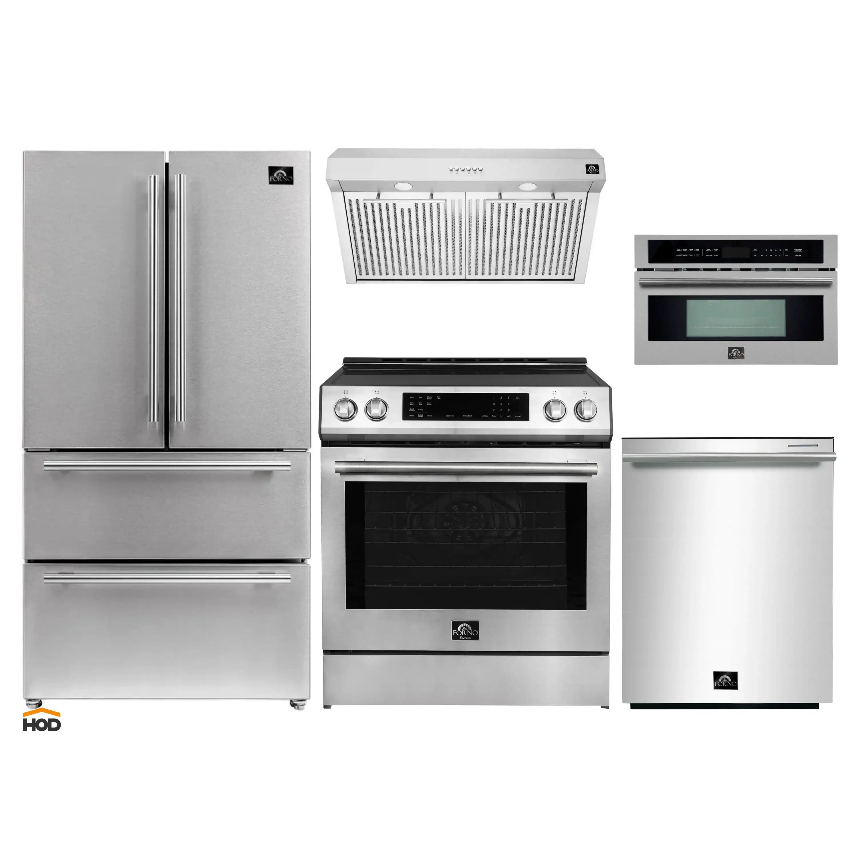 Forno 5-Piece Appliance Package - 30-Inch Induction Range, Under Cabinet Range Hood, Refrigerator, Dishwasher, and  30-Inch Microwave Oven in Stainless Steel