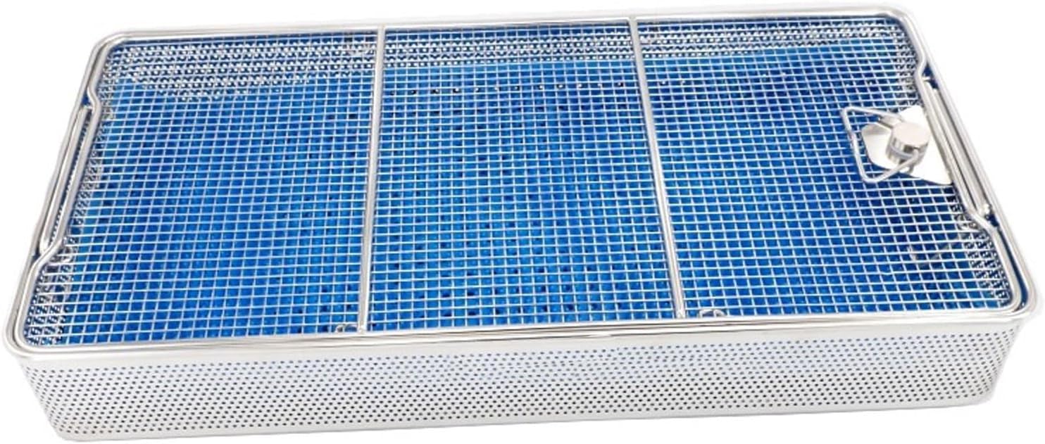 304 Stainless Steel Medical Surgical Instrument Sterilization Box High Temperature and High Pressure Sterilization Basket with Lid Equipped with Silicone Pad,Dental Trays(15.7X9.8X2.8in)