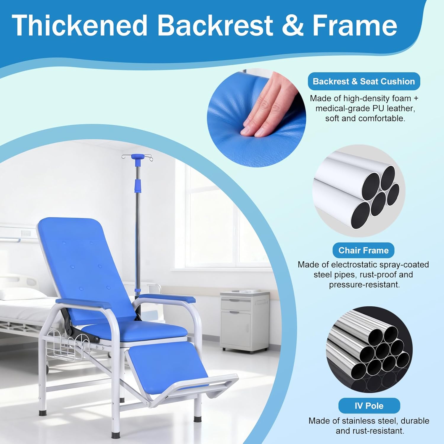 Adjustable Infusion Chair with IV Pole Stand, Lay Flat Medical Recliner Chairs, Hospital Phlebotomy Chair, Waiting Room Comfortable Padded Seat, Load Capacity 330 lbs