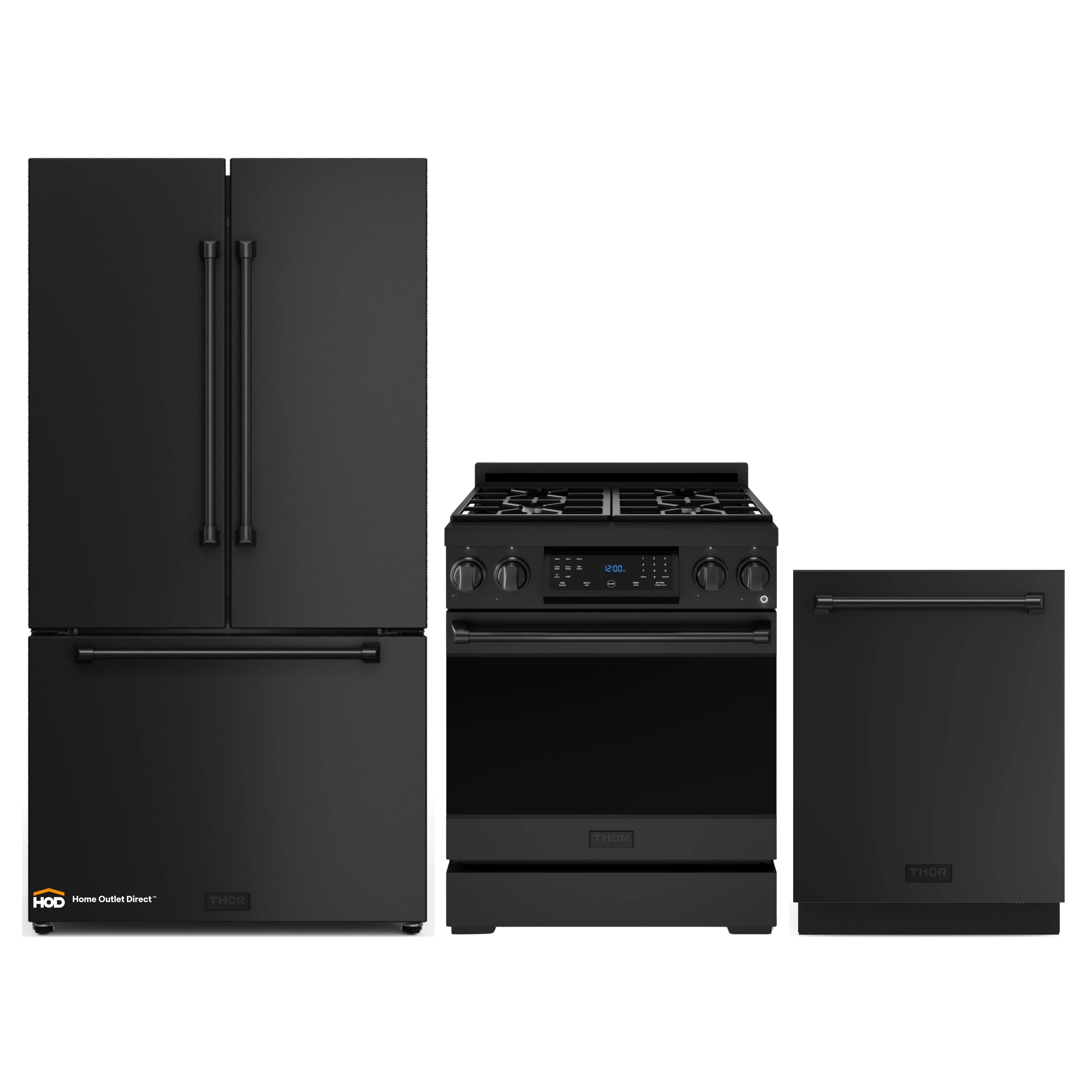 Gordon Ramsay by Thor Kitchen 3-Piece Appliance Package - 30-Inch Gas Range with Tilt Panel, 36-Inch Refrigerator, and Dishwasher in Black