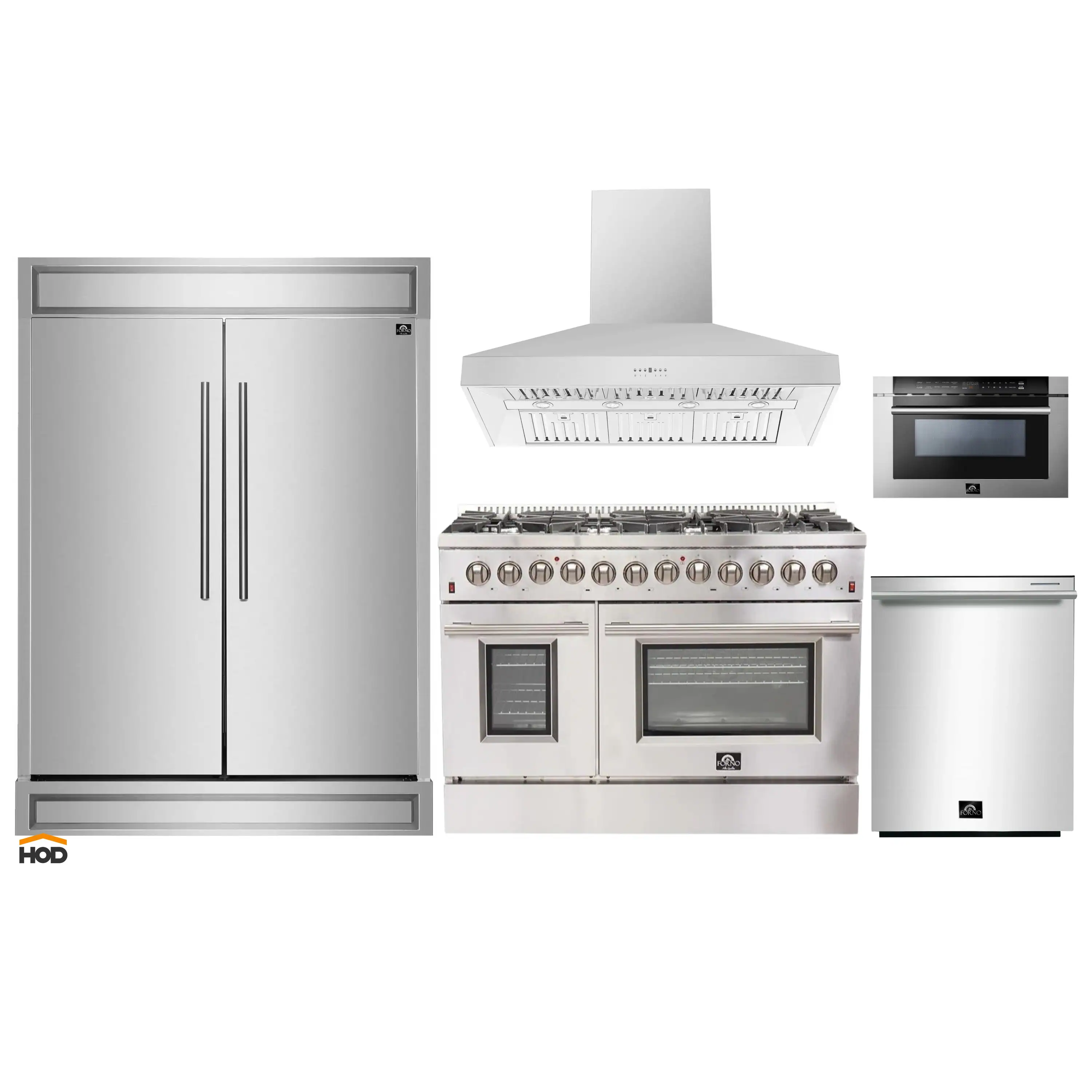 Forno 5-Piece Appliance Package - 48-Inch Dual Fuel Range, 60-Inch Refrigerator, Wall Mount Hood, 24-Inch Microwave Drawer, & Dishwasher in Stainless Steel