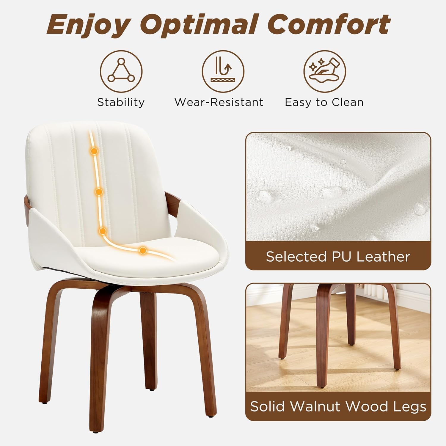 Swivel Dining Chairs,Faux Leather Dining Room Chairs with Arms, Mid Century Modern Upholstered Kitchen Vanity Accent Chair, Walnut Backrest Support & Sturdy Wood Legs (White, Set of 2)