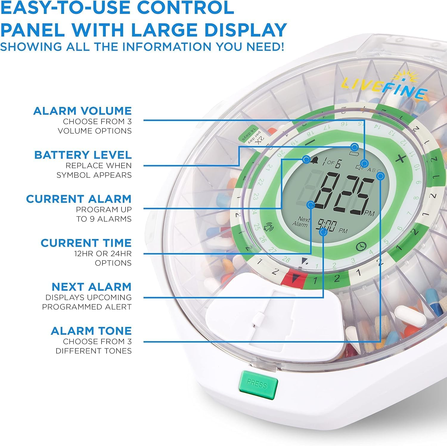 Live Fine 28-Day Automatic Pill Dispenser Clear Lid with Upgraded LCD Display and Key Lock, Sound & Light for Prescriptions, Medication, Vitamins, Supplements & More