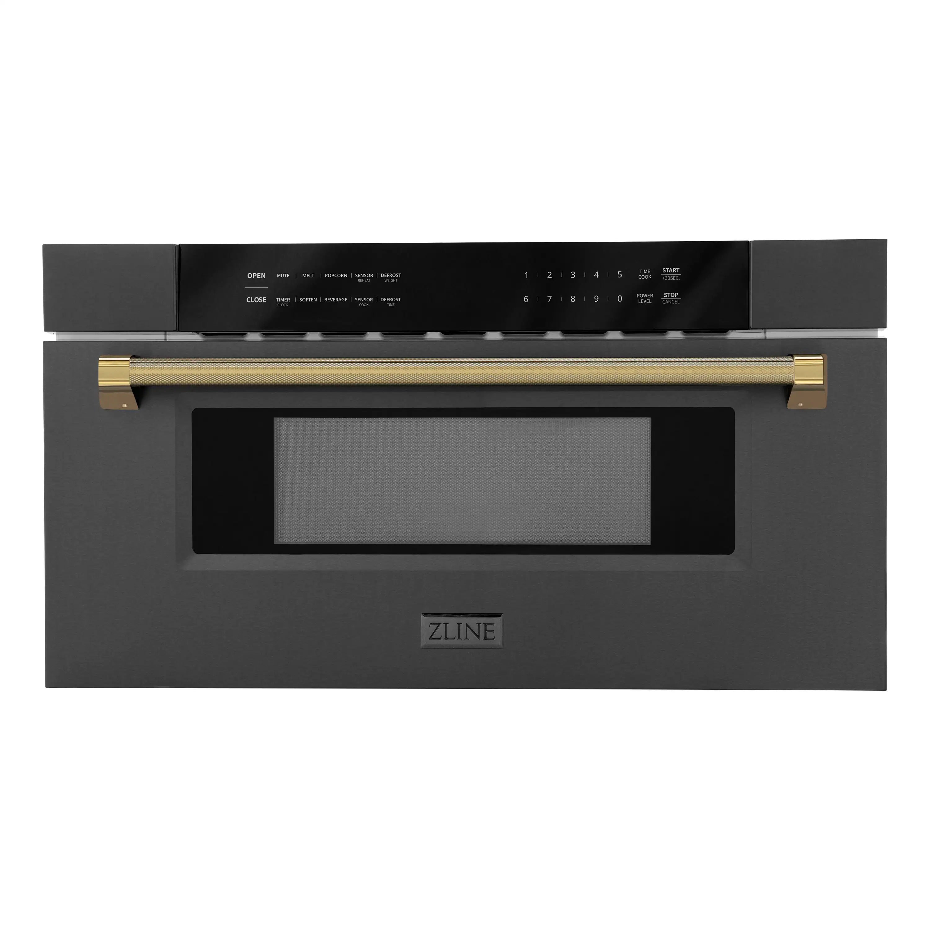 ZLINE Autograph 30-Inch Microwave Drawer in Black Stainless Steel and Polished Gold Helix Handle (MWDZ-30-BS-KG)