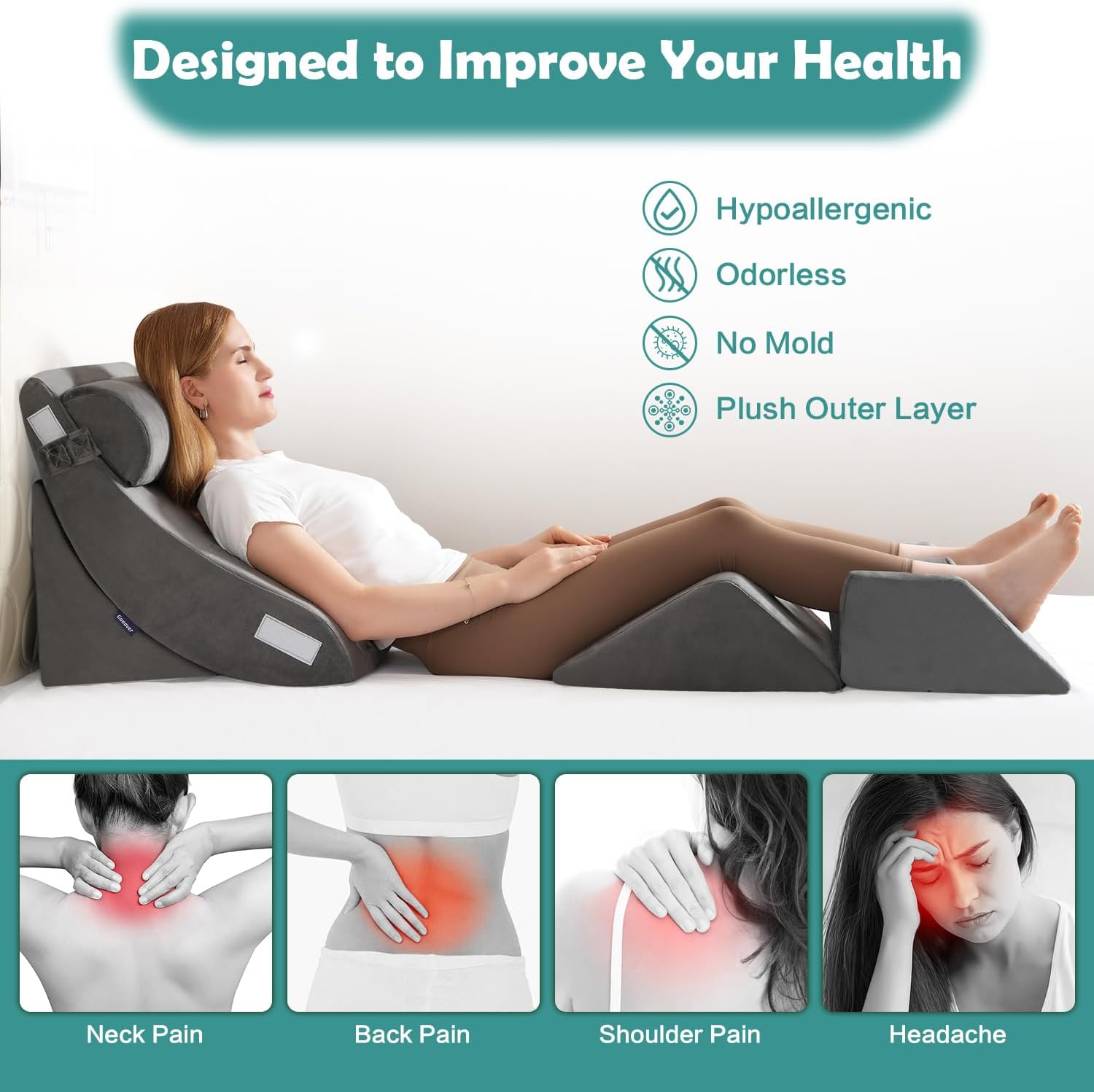 5Pcs Wedge Pillow for Sleeping, Orthopedic Bed Wedge Pillows for After Surgery, Foam Triangle Sit Up Pillow Wedge for Back, Neck, Shoulder Support, Leg Elevation, Acid Reflux, Gerd, Snoring Grey