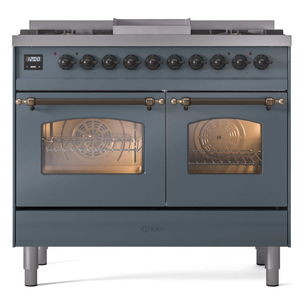 ILVE Nostalgie II 40-Inch Dual Fuel Freestanding Range in Blue Grey with Bronze Trim (UPD40FNMPBGB)