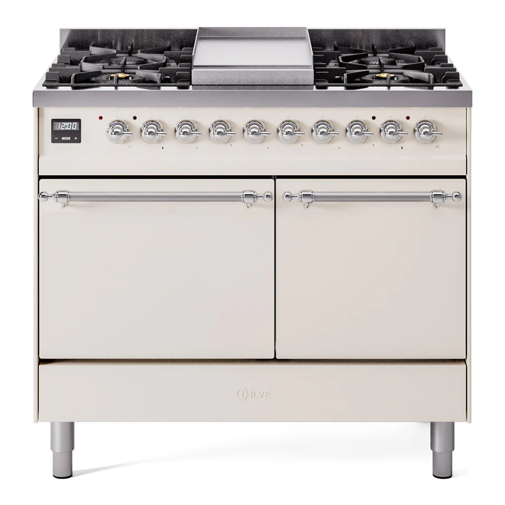 ILVE 40-Inch Nostalgie II Dual Fuel Range with 6 Burners, Griddle and Solid Door Oven in Antique White with Chrome Trim (UPD40FQNMPAWC)