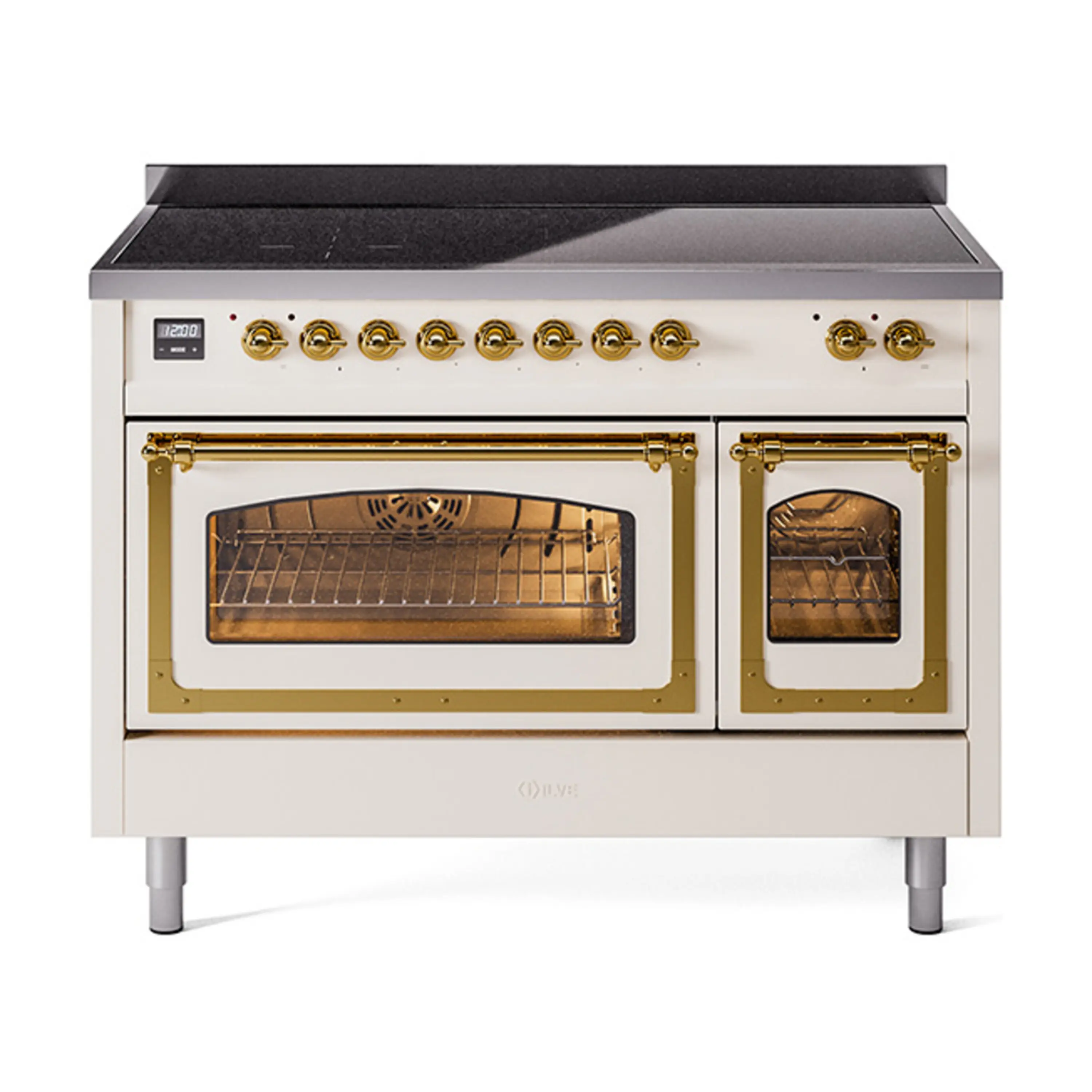 ILVE Nostalgie II Noblesse 48-Inch Induction Range with Triple Glass Door in Antique White with Brass Trim (UNI486NMPAWG)