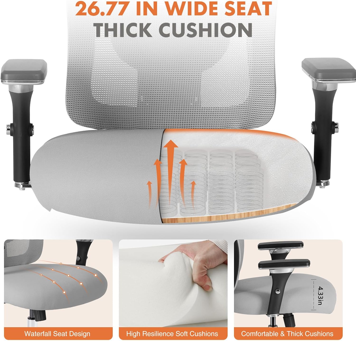 Sweetcrispy Big and Tall Office Desk Chair with Lumbar Support, 500lbs Heavy Duty Mesh Ergonomic Computer Chair with 4D Armrest and Wide Comfy Seat, Wheels for Adult