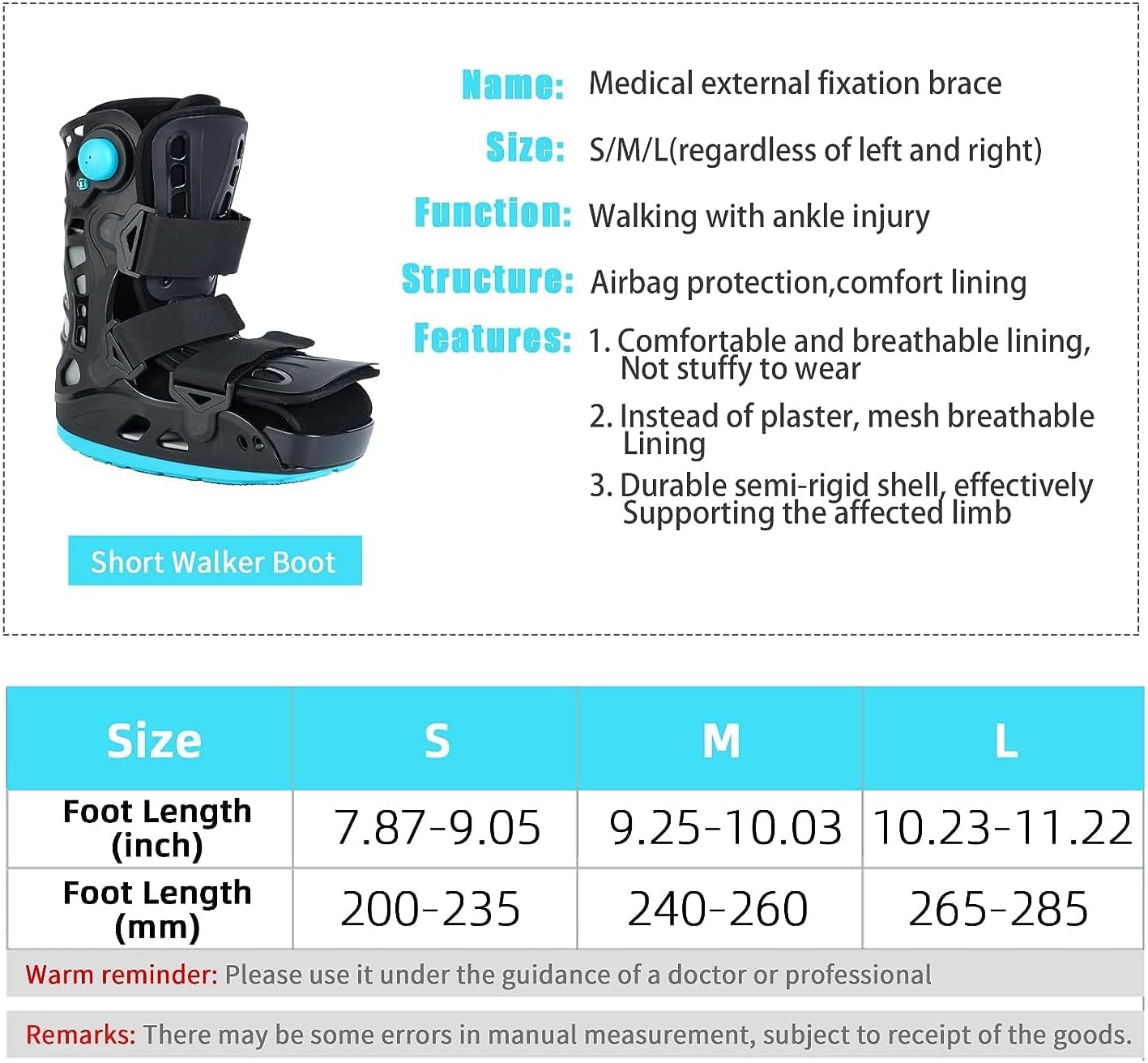 KEULEN Fracture Boot, Achilles Tendon Rupture Rehabilitation Shoes, Double Airbag Protection, Breathable Ankle Fracture Walking Short Boot Brace, for Sprained Ankle Foot Pain Recovery Broken Foot