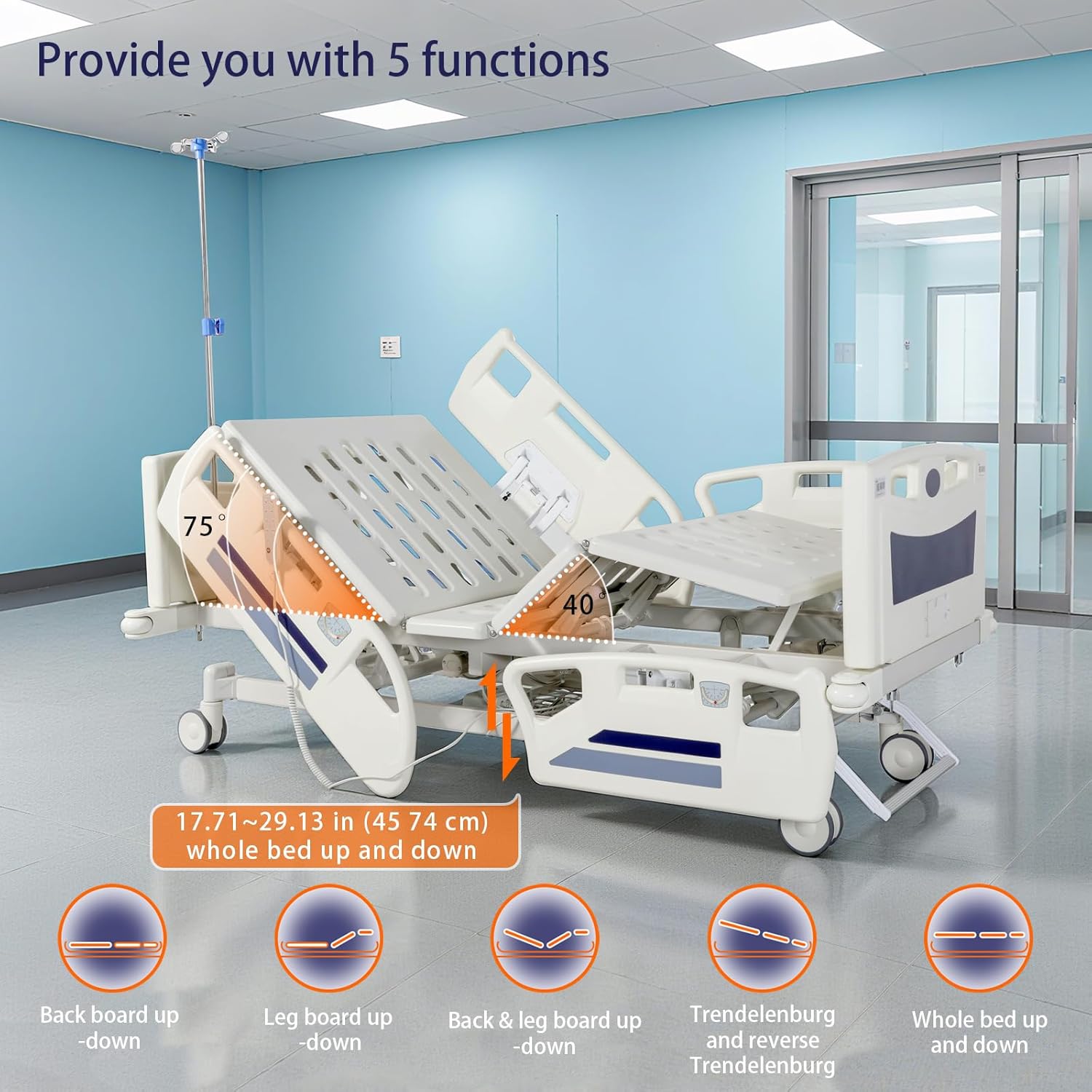 Premium 5 Function Full Electric Hospital Bed for Home Use with CPR One Touch Resuscitation Foam Mattress Full Side Rails and IV Pole Multifunctional Adjustable Electric Hospital Bed