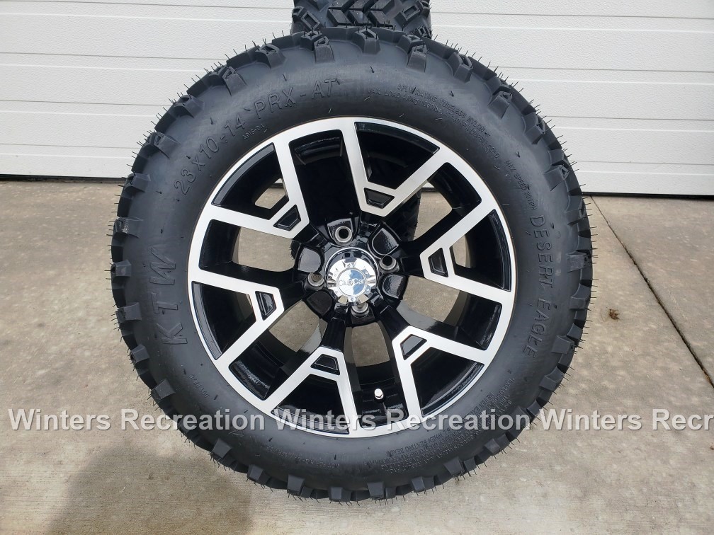 COMPLETE SET! 14′′ Atlas Gloss Black With 23′′ Desert Eagle Tire Wheel Assembly With Club Car Center Cap Set