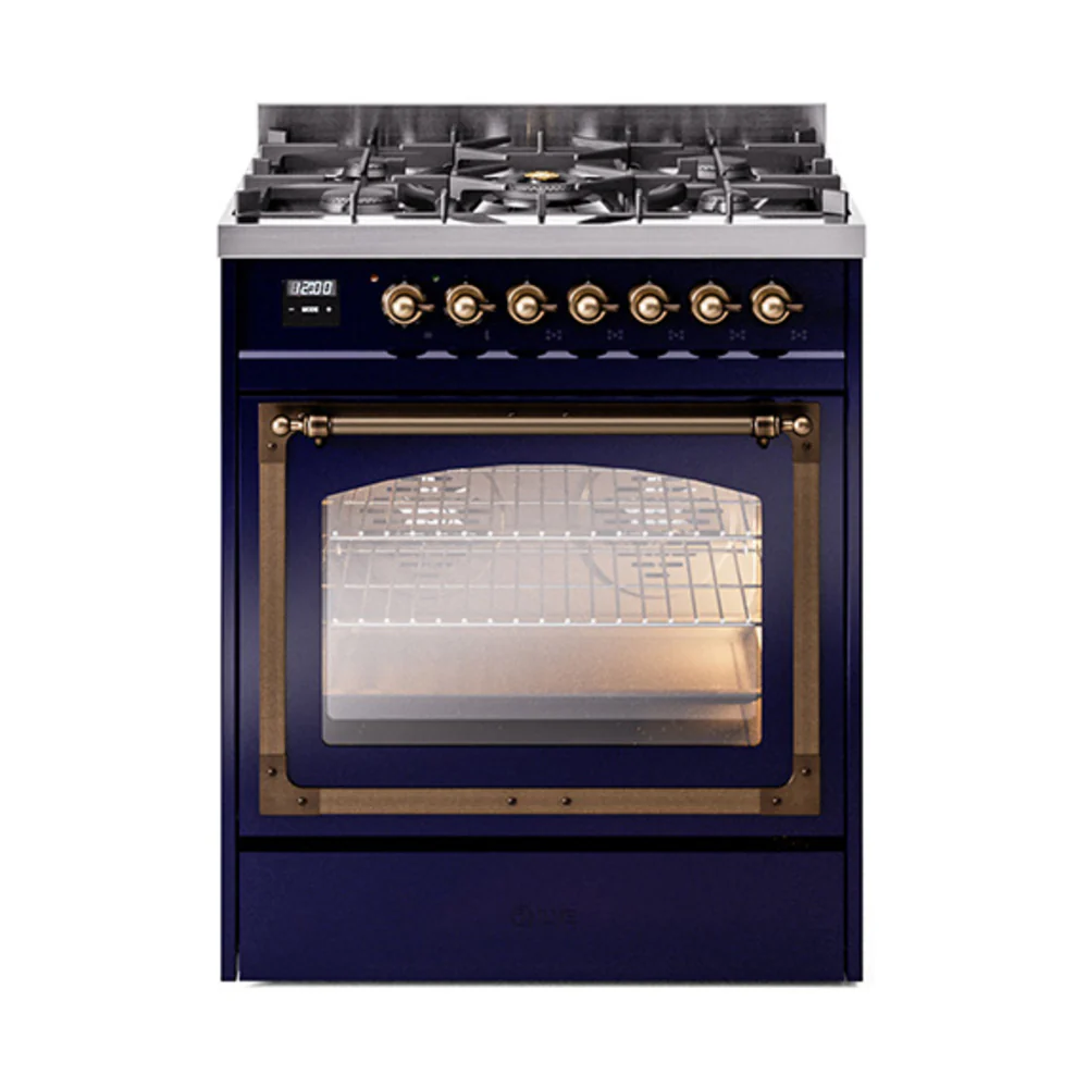 ILVE Nostalgie II Noblesse 30-Inch Dual Fuel Range with Triple Glass Door in Midnight Blue with Bronze Trim (UN30NMPMBB)