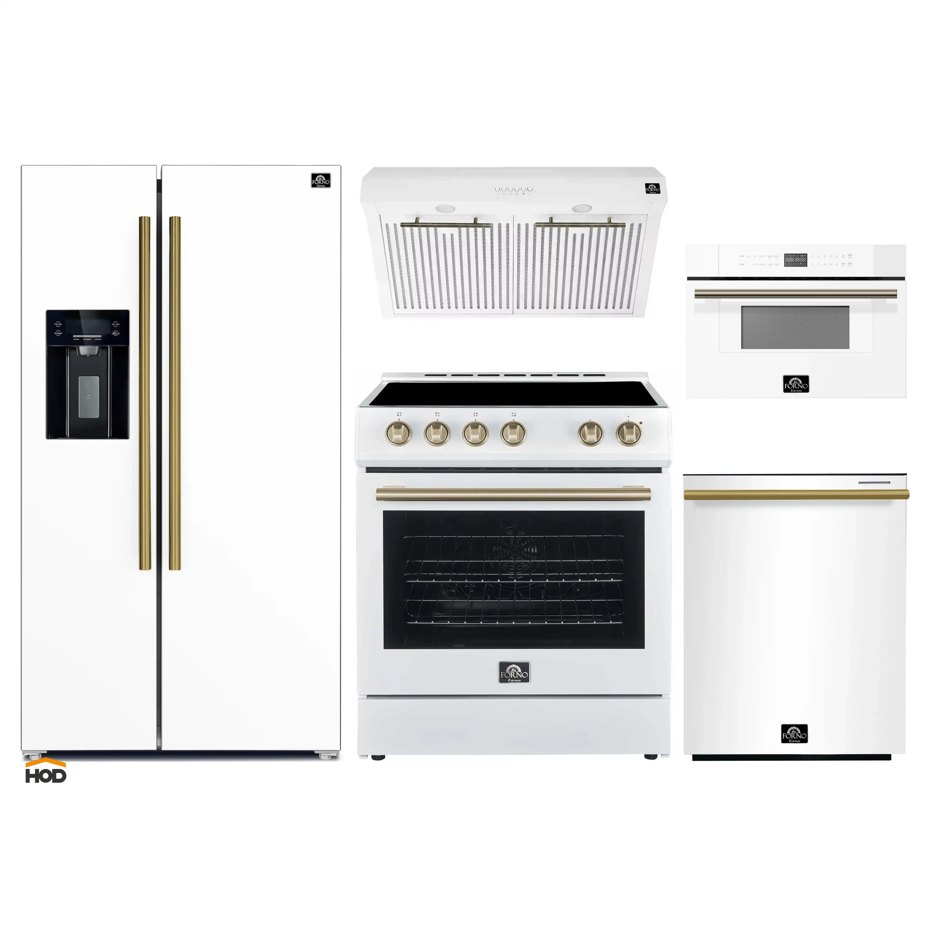 Forno 5-Piece Appliance Package - 30-Inch Electric Range, Under Cabinet Range Hood, Refrigerator with Water Dispenser, Dishwasher, and 30-Inch Microwave Drawer in White with Antique Brass Trim