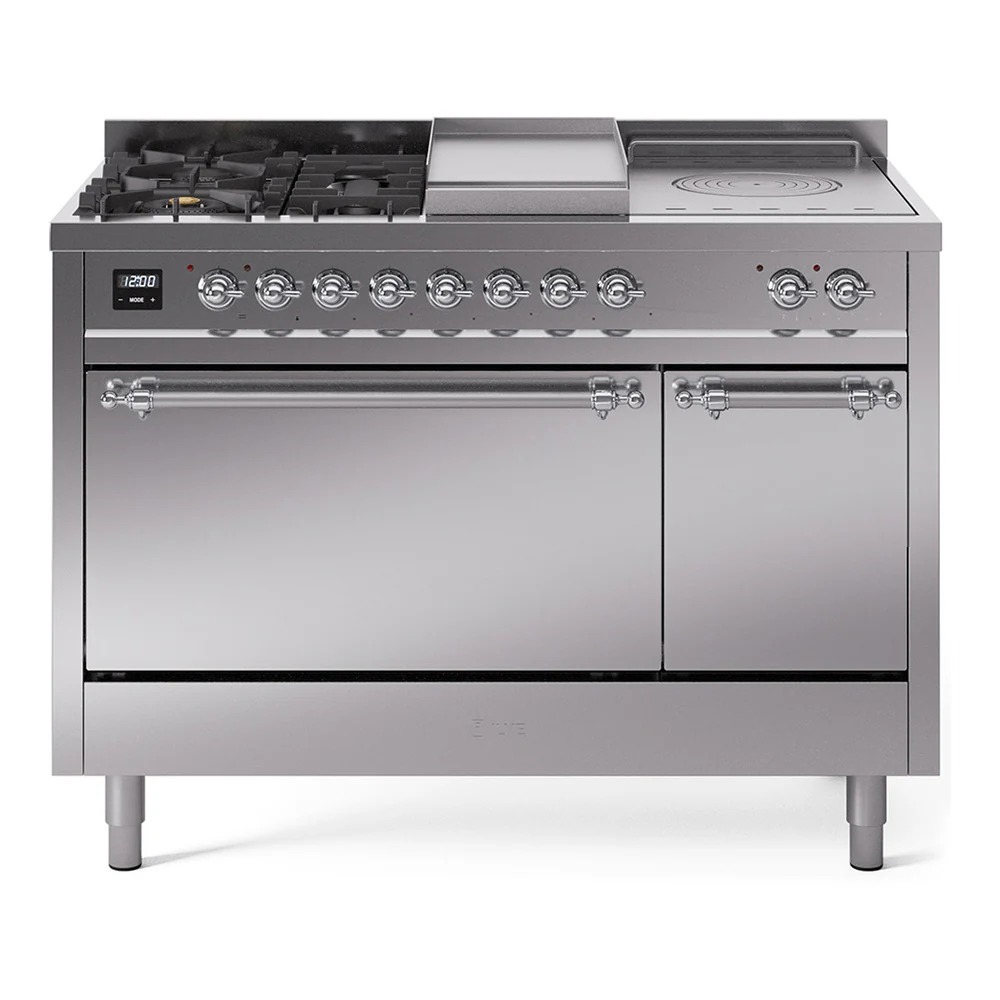 ILVE Nostalgie II 48-Inch Dual Fuel Range with 5 Burners, Griddle, & French Top, with Solid Door Oven in Stainless Steel with Chrome Trim (UP48FSQNMPSSC)