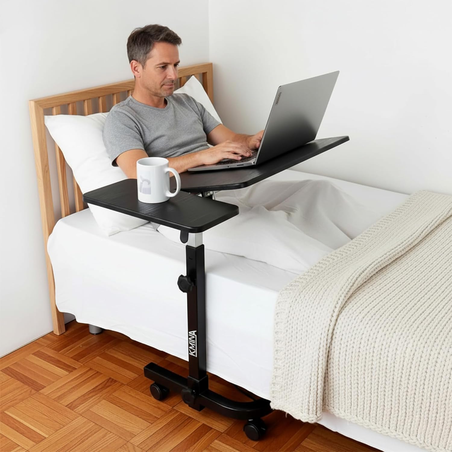 KMINA Overbed Table with Wheels, Hospital Bed Table, Tilting, Adjustable Height, Wood and Steel, C Shaped Side for Home Use Swivel, Black