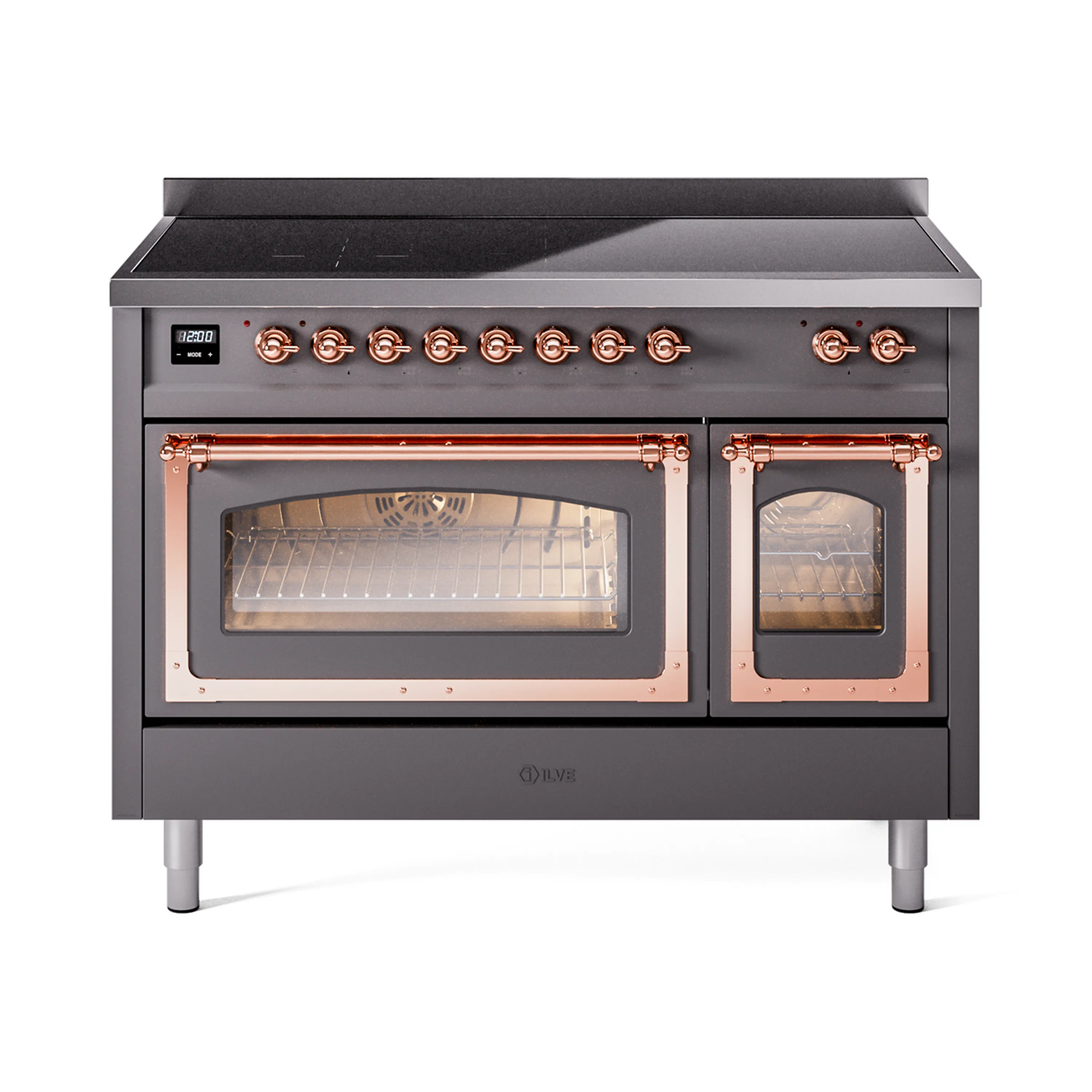 ILVE Nostalgie II Noblesse 48-Inch Induction Range with Triple Glass Door in Matte Graphite with Copper Trim (UNI486NMPMGP)
