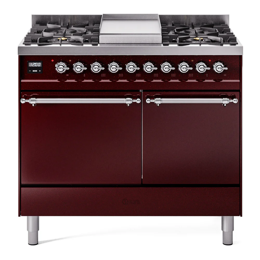 ILVE 40-Inch Nostalgie II Dual Fuel Range with 6 Burners, Griddle and Solid Door Oven in Burgundy with Chrome Trim (UPD40FQNMPBUC)