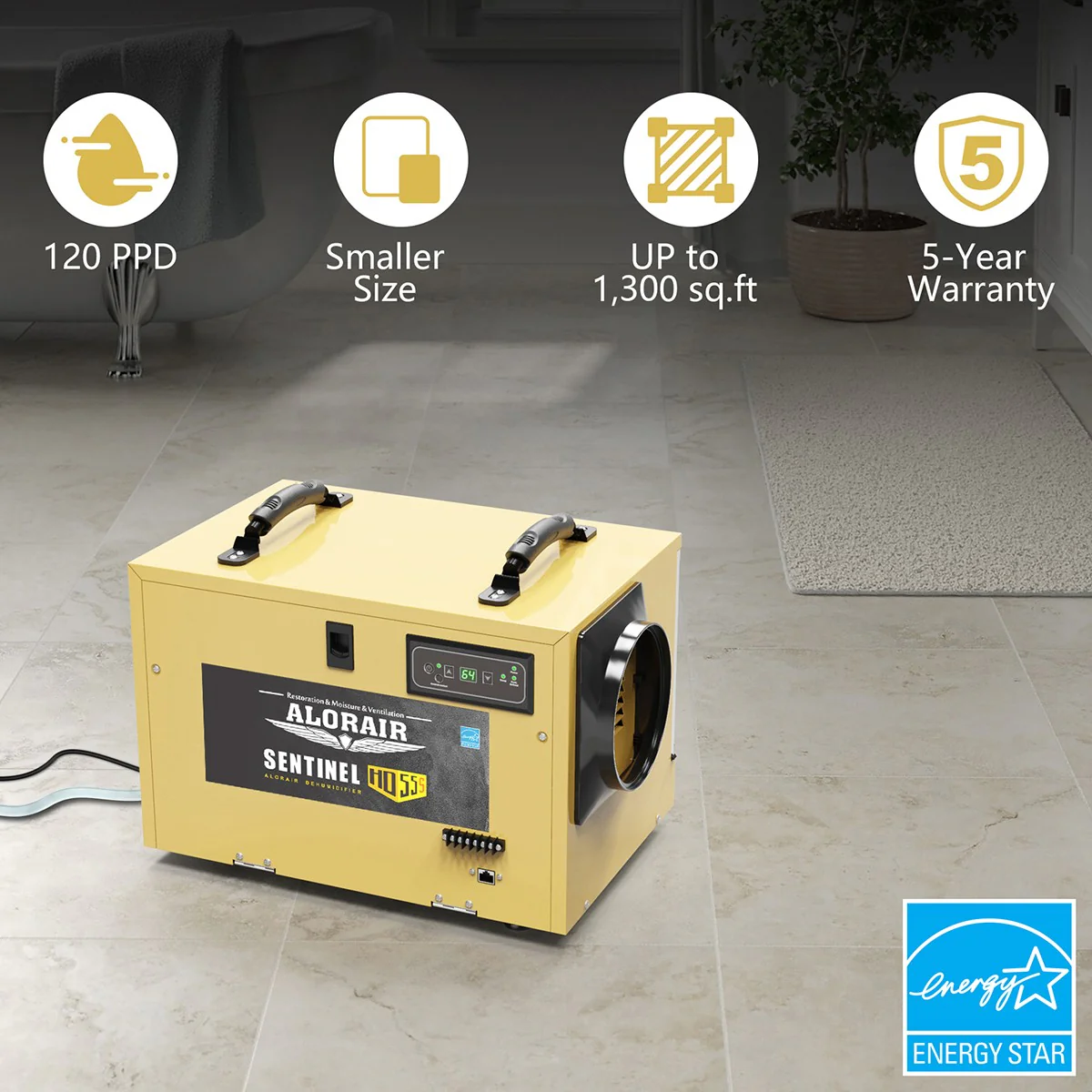 AlorAir Sentinel 55 Pint at AHAM Dehumidifier With Drain Hose for Crawl Spaces or Basements Up to 1,300 Sq. Ft., Gold