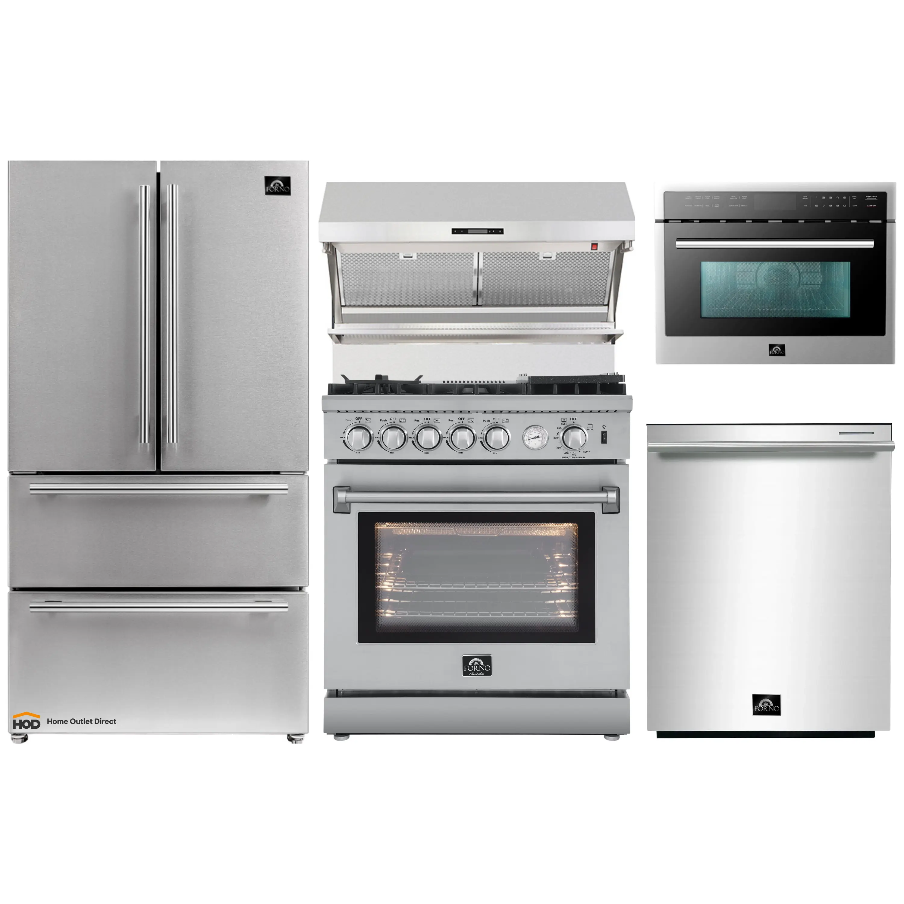 Forno 5-Piece Appliance Package - 30-Inch Gas Range with Air Fryer, Refrigerator, Wall Mount Hood with Backsplash, 24-Inch Microwave Oven, & 3-Rack Dishwasher in Stainless Steel