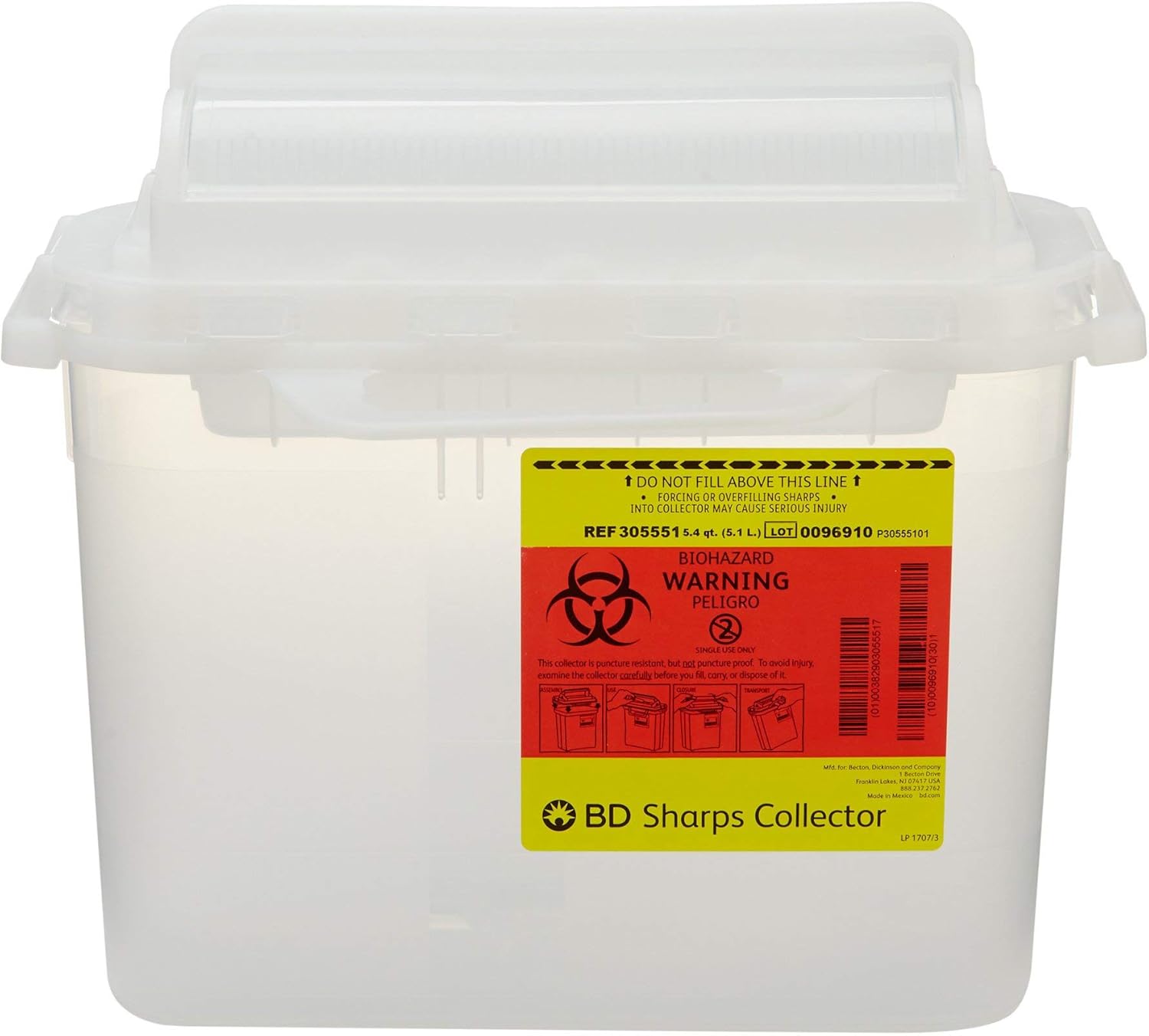 BD 305551-5.4qt Counter-Balanced Door Sharps Collector 10.75'' x 12'' x 4.5'', Clear, 20/cs