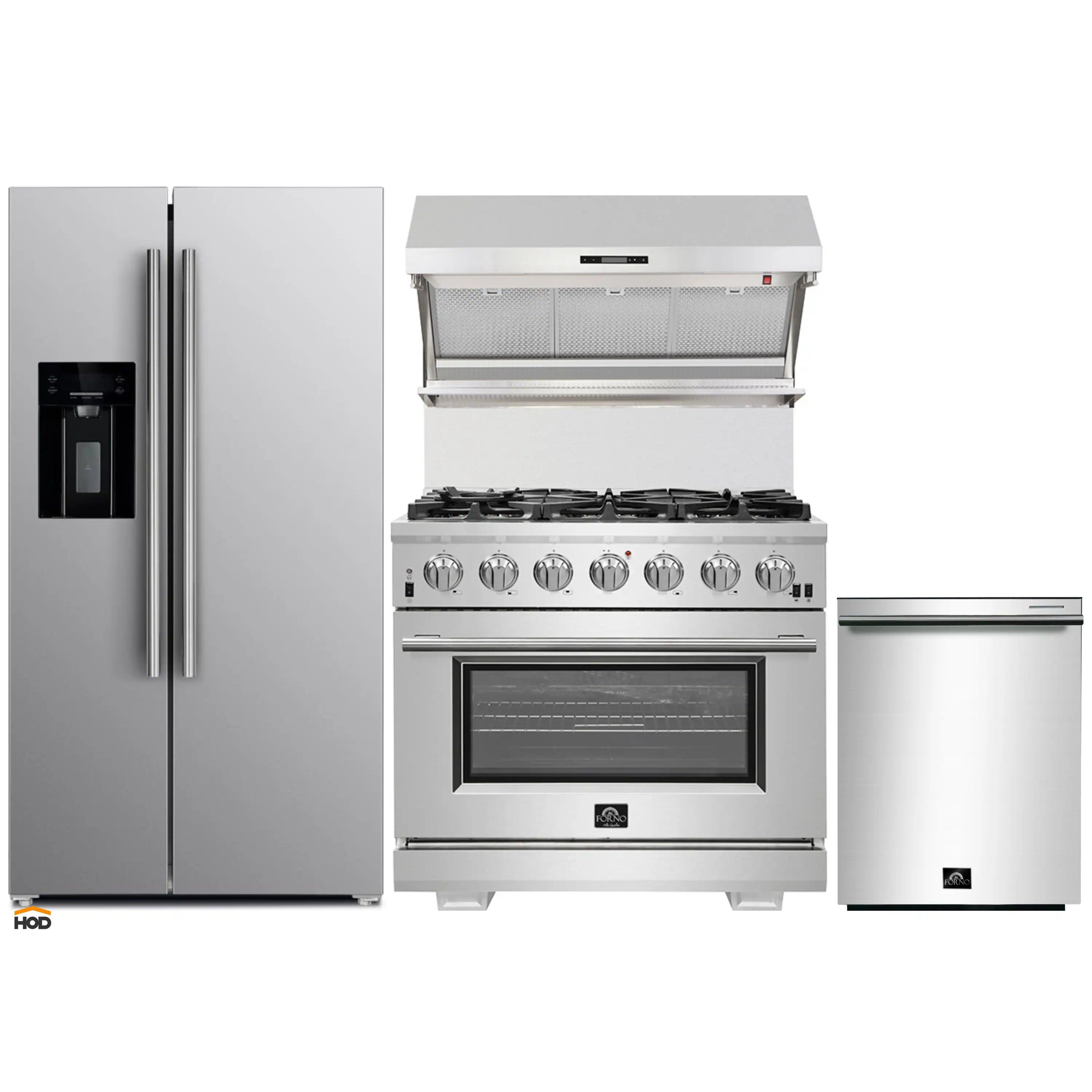 Forno 4-Piece Pro Appliance Package - 36-Inch Gas Range, Refrigerator with Water Dispenser, Wall Mount Hood with Backsplash, & 3-Rack Dishwasher in Stainless Steel