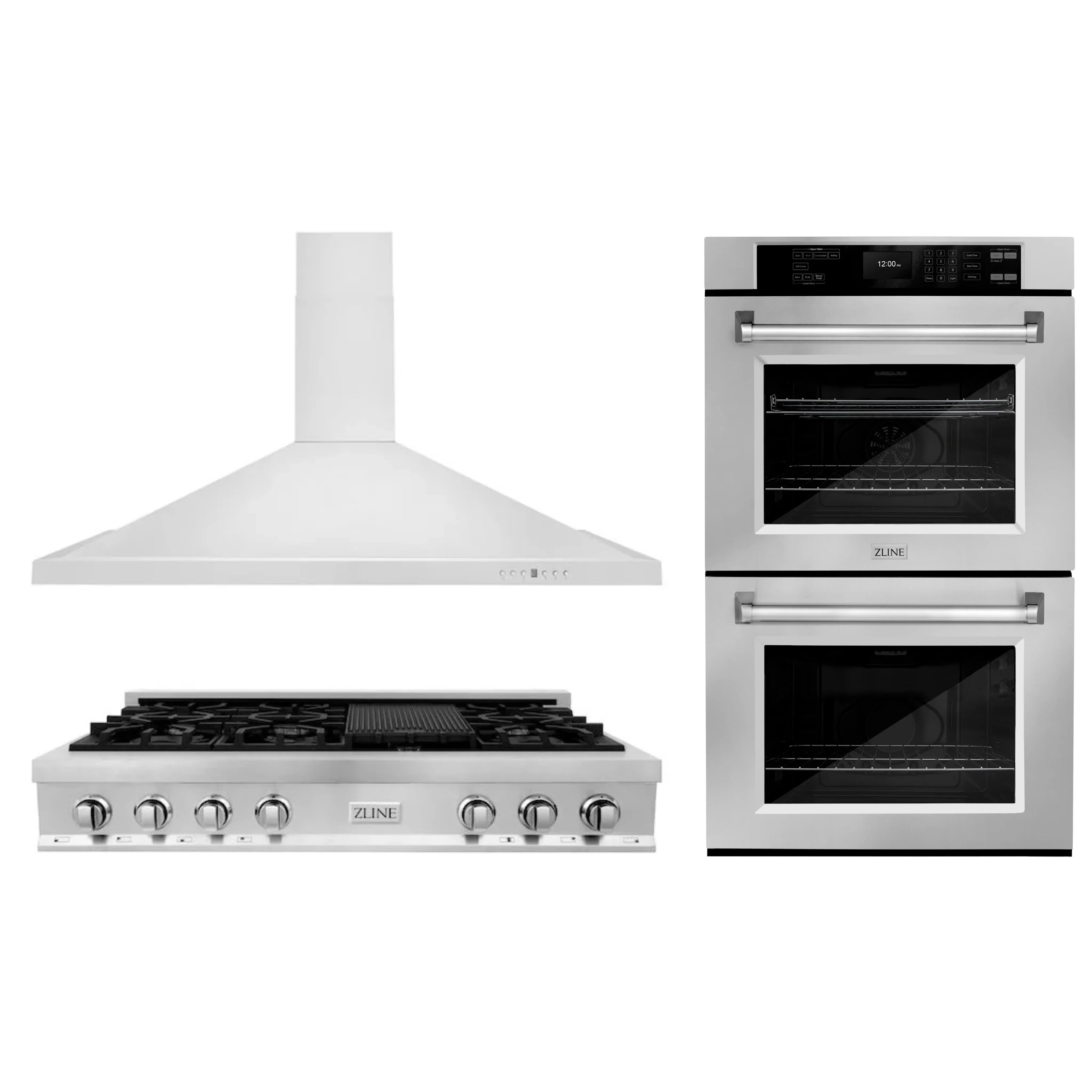 ZLINE 3-Piece Appliance Package - 48-Inch Rangetop, Convertible Range Hood, and Double Wall Oven in Stainless Steel (3KP-RTRH48-AWD)