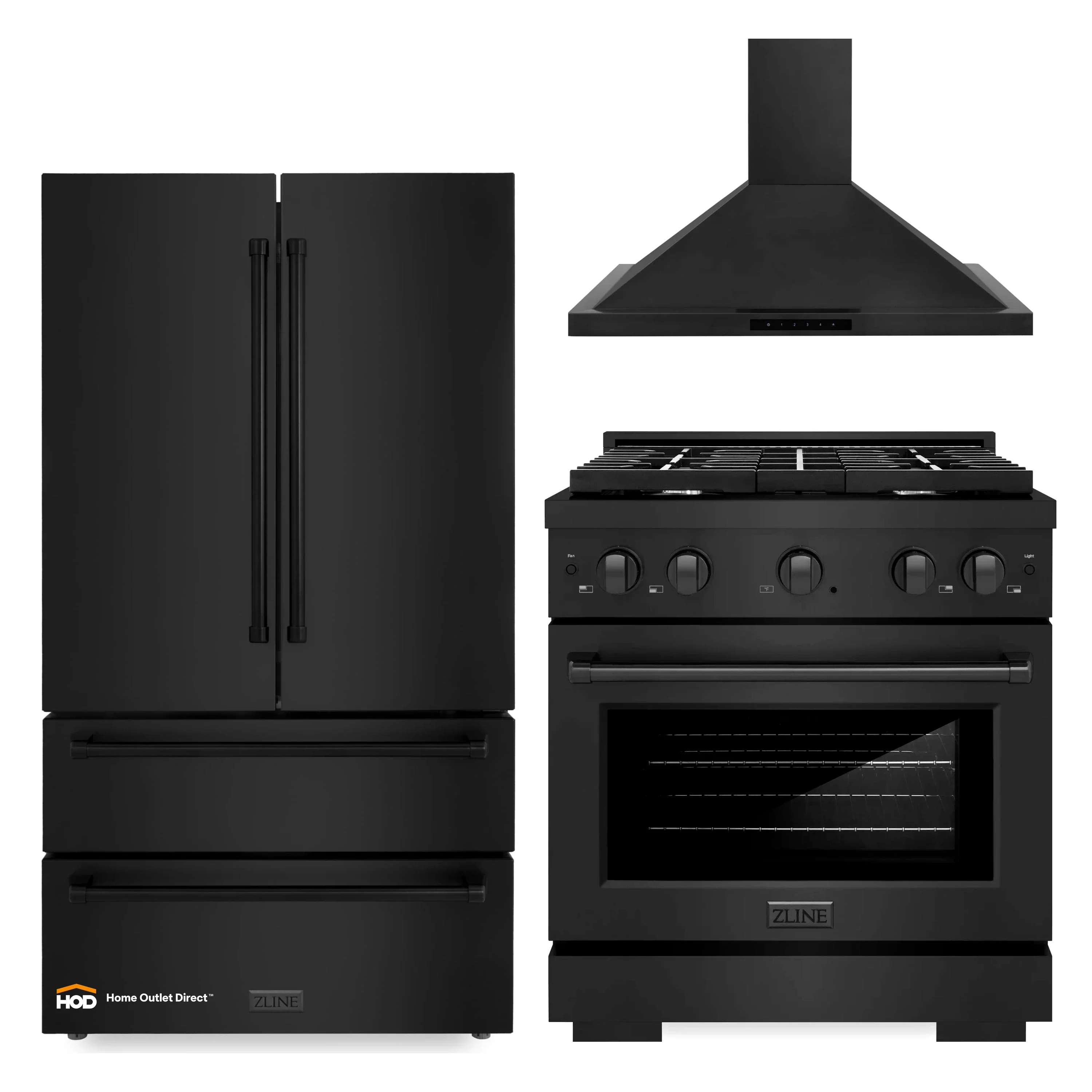 ZLINE 4-Piece Appliance Package - 30-Inch Gas Range, Refrigerator, Convertible Wall Mount Hood, and 3-Rack Dishwasher in Black Stainless Steel (4KPR-SGRBRH30-DWV)