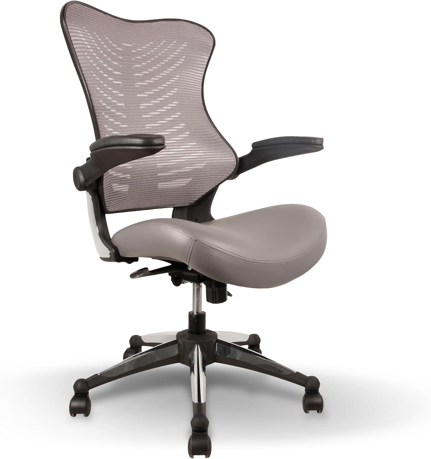 OfficeFactor Executive Ergonomic Computer Office Chair Back Mesh Bonded Leather Seat Flip-up Arms Lumbar Support Molded Foam Seat Adjustable Height Home Office Desk Chair (Grey)