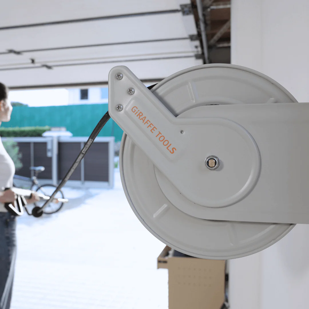 Giraffe Tools 1/4-Inch 60-65 Ft Retractable Pressure Hose Reel with Auto-Rewind