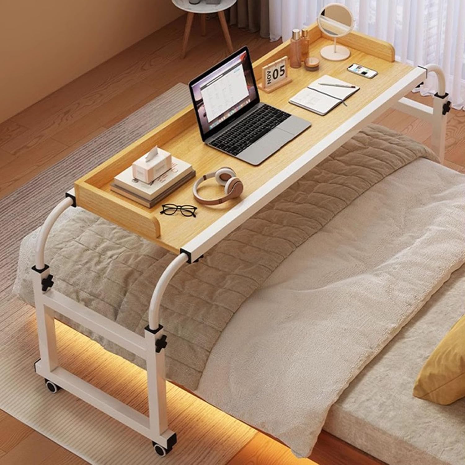 Laptop Cart Over Bed Desk，Table with Wheels Food Tray Desk Rolling Medical Table Over Bed Desk Height Adjustable 65-95cm Standing Over Bed Table King Size(Color:Wood)