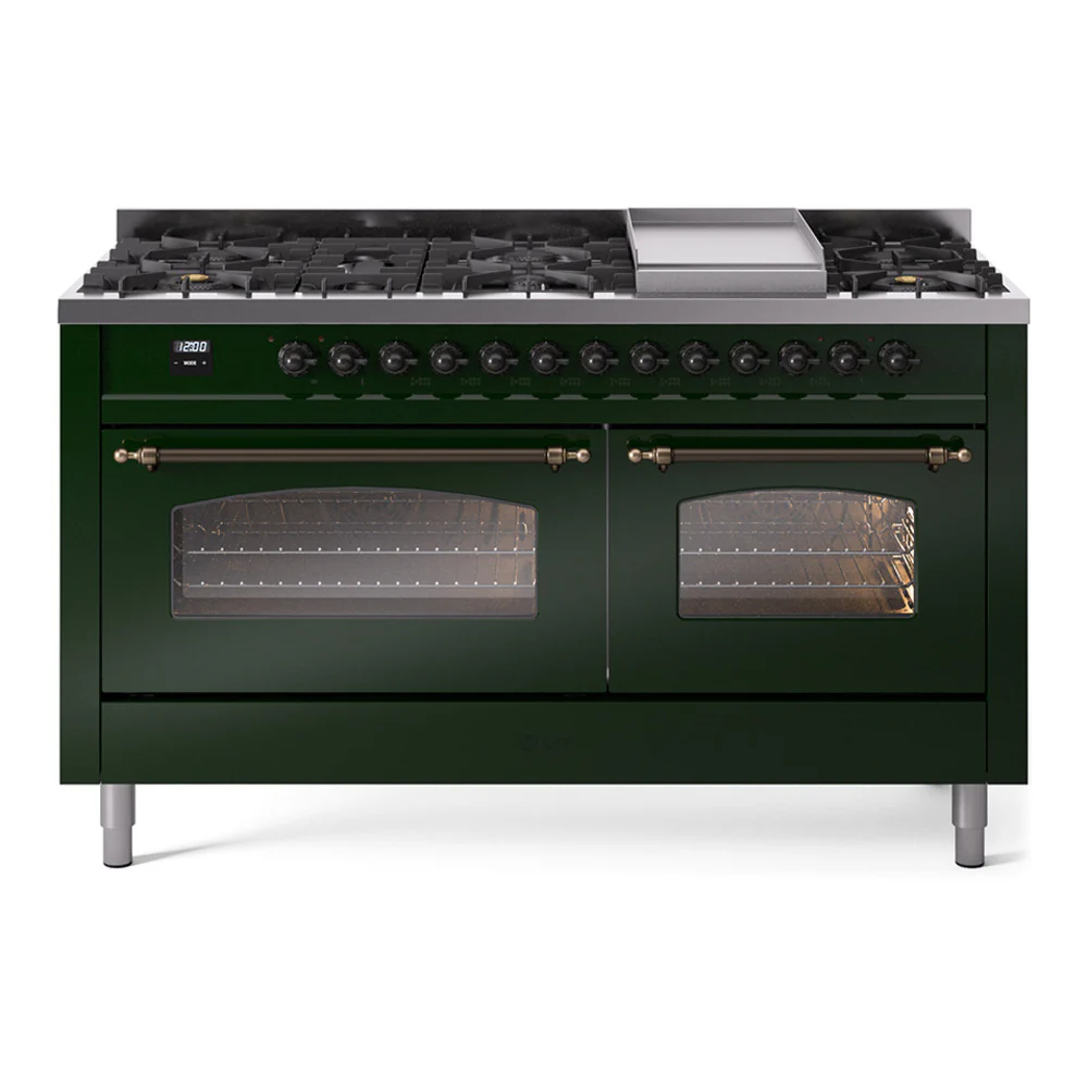 ILVE 60-Inch Nostalgie II Dual Fuel Range with 9 Burners, Griddle and Triple Glass Door Oven in Emerald Green with Bronze Trim (UP60FNMPEGB)