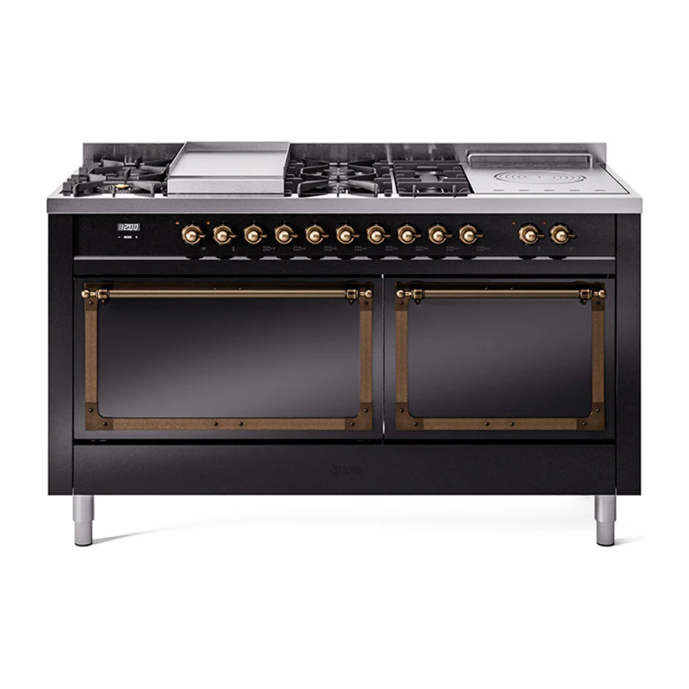 ILVE 60-Inch Nostalgie II Noblesse Dual Fuel Range with 7 Sealed Burners, Gridlde, French Top, and Solid Door Oven in Glossy Black with Bronze Trim (UN60FSQNMPBKB)