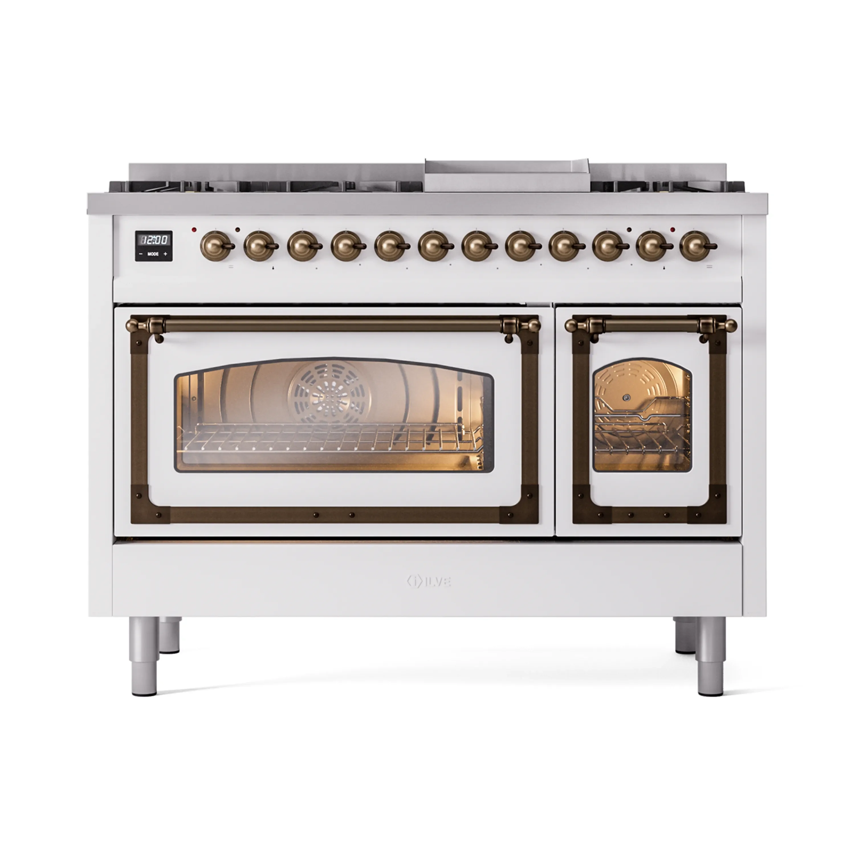 ILVE Nostalgie II Noblesse 48-Inch Dual Fuel Freestanding Range in White with Bronze Trim (UN48FNMPWHB)