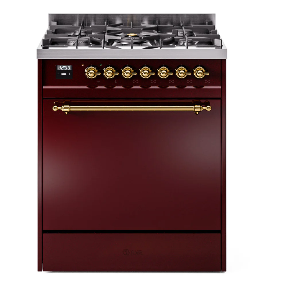 ILVE Nostalgie II 30-Inch Dual Fuel Range with Solid Door in Burgundy with Brass Trim (UP30QNMPBUG)
