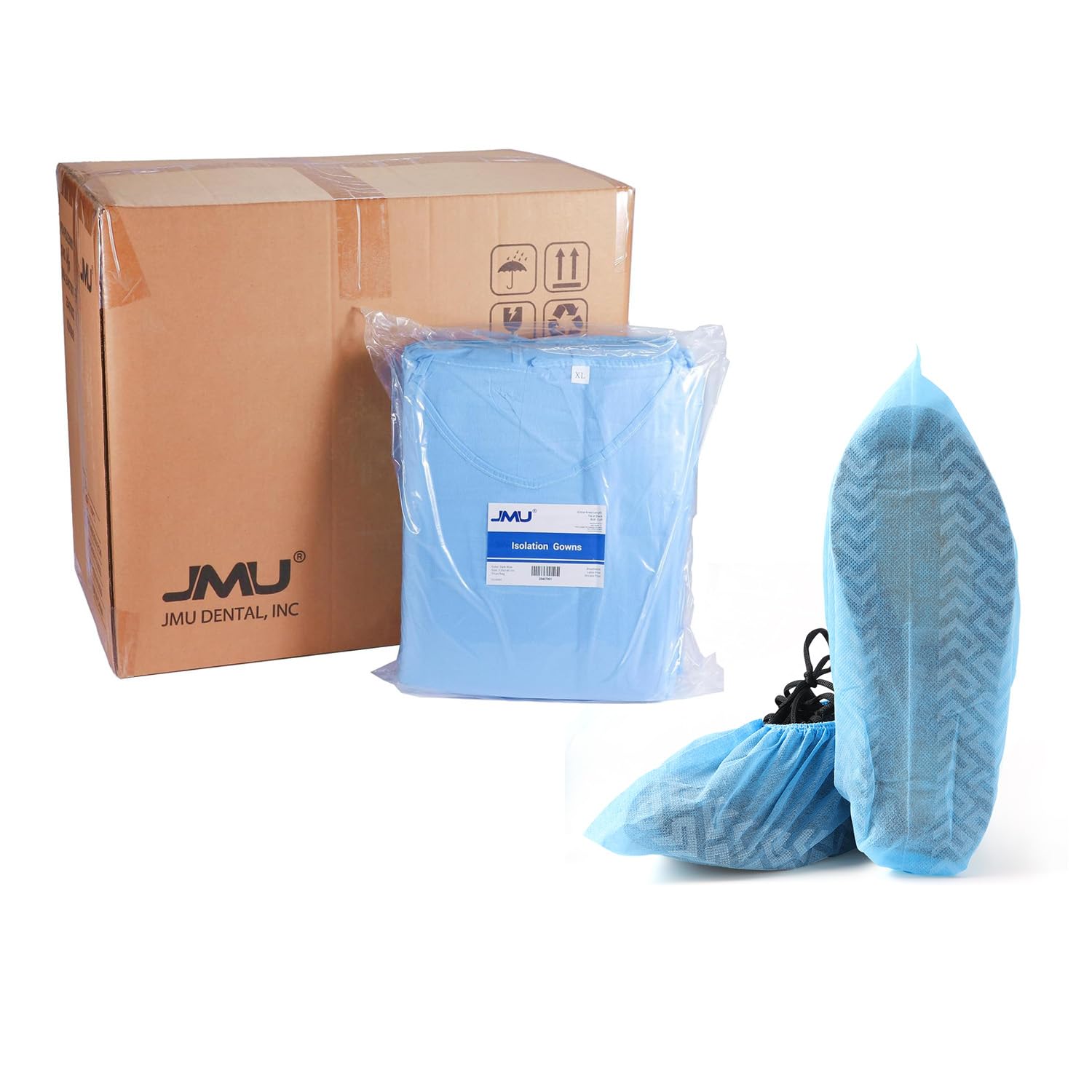 JMU 100 Pcs Disposable Isolation Gowns Bulk, Polypropylene Medical Gowns Long with Knitted Cuffs Bundle with 1000 Pcs Shoe Covers Disposable, Non-Woven Fabric Shoes Covers, Blue