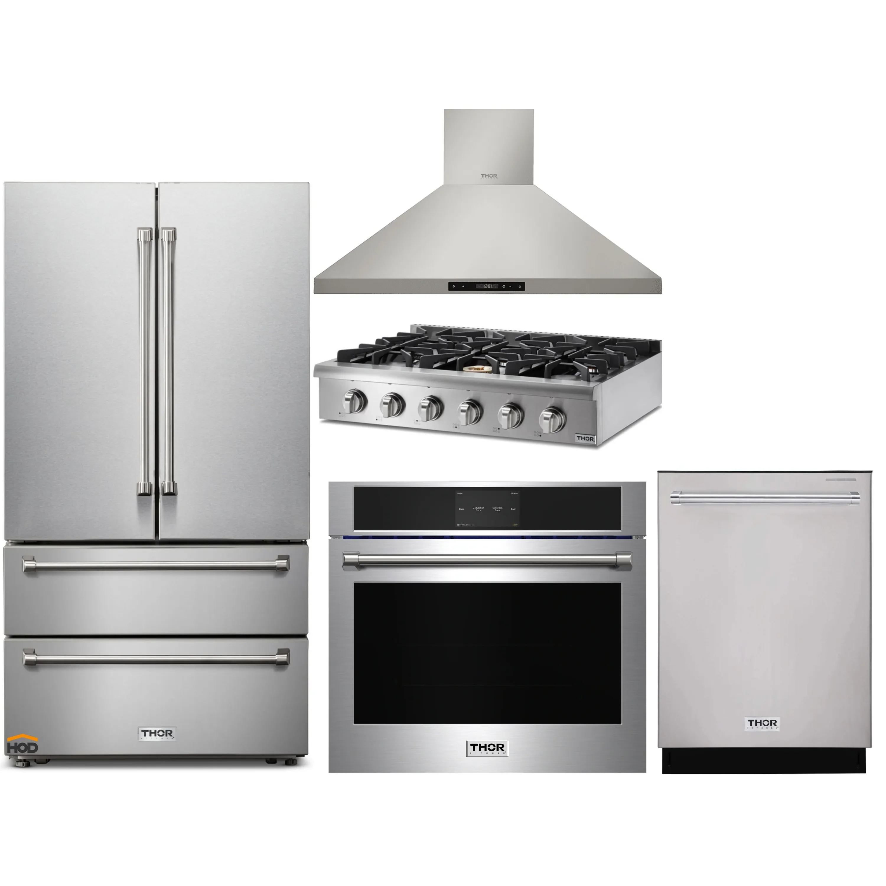 Thor Kitchen 5-Piece Pro Appliance Package - 36-Inch Rangetop, Electric Wall Oven, Wall Mount Hood, Dishwasher & Refrigerator in Stainless Steel