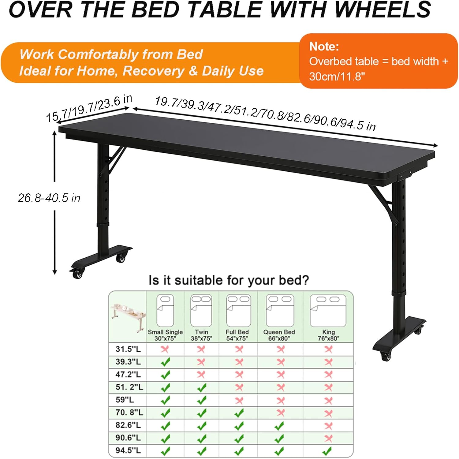 Over The Bed Table with Wheels, Adjustable Height Overbed Desk, Rolling Over Bed Desk, Giant Portable Mobile Laptop Cart for Computer, Bedroom Work, 90.6