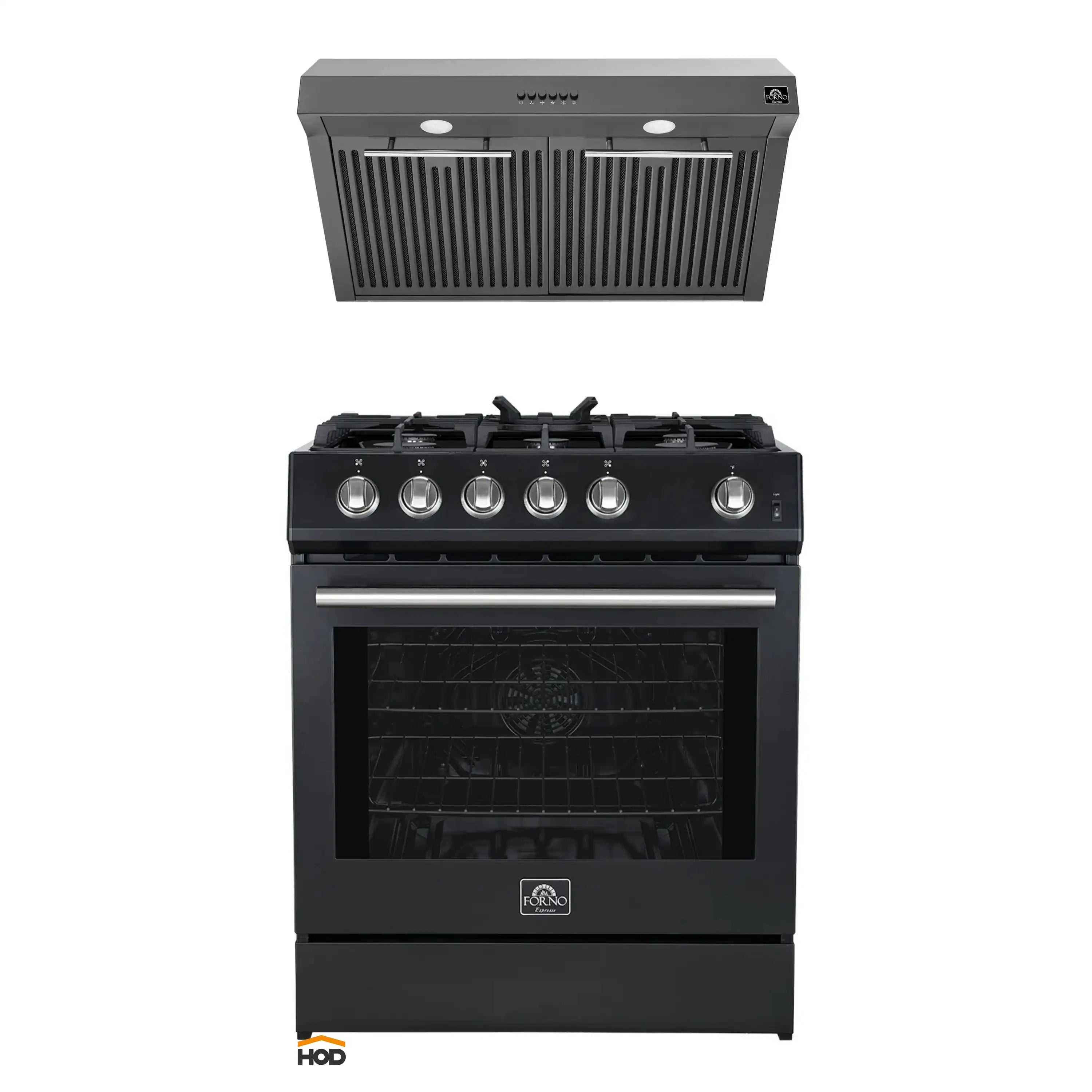 Forno 2-Piece Appliance Package - 30-Inch Gas Range & Under Cabinet Range Hood in Black with Stainless Steel Trim