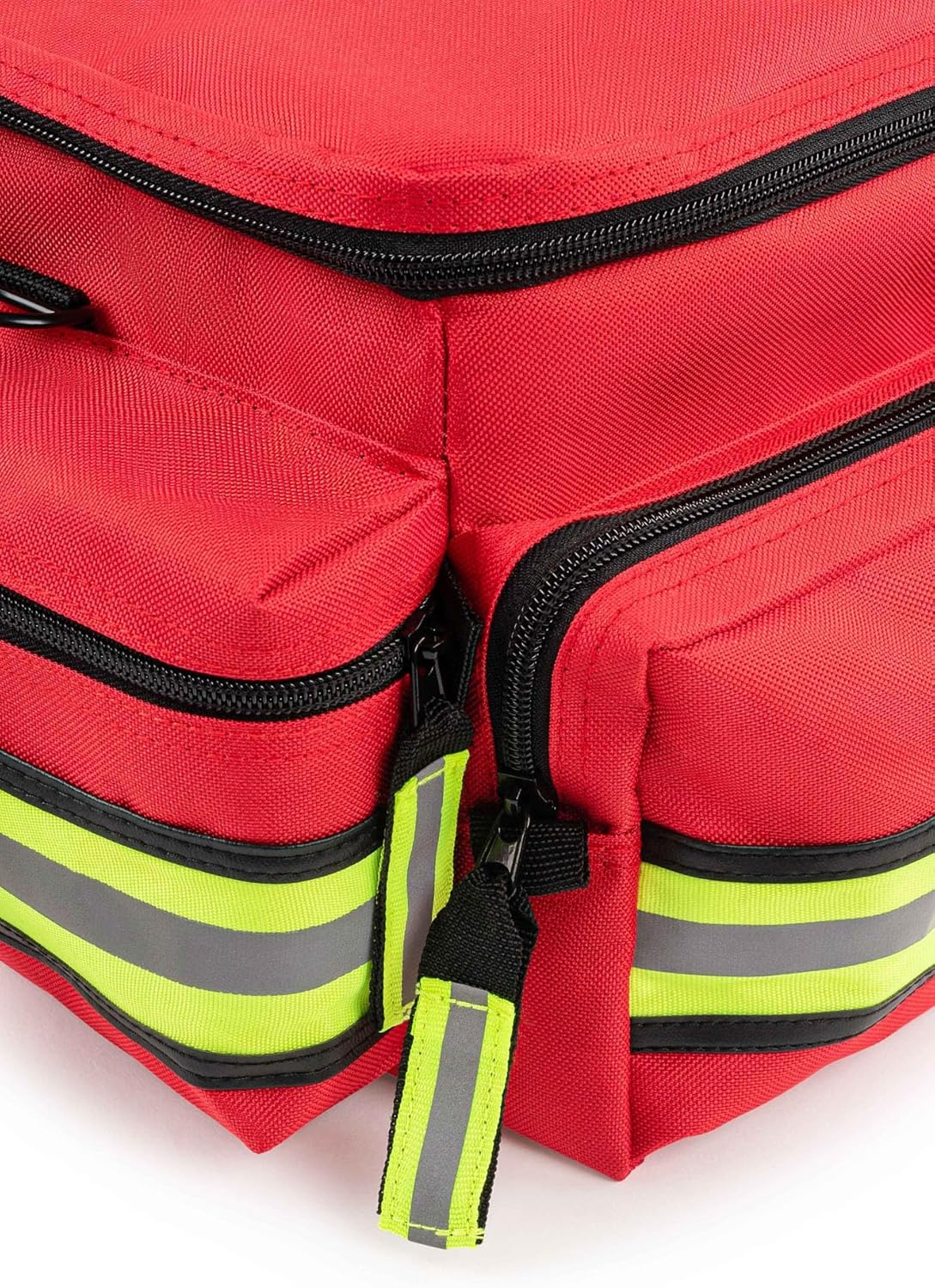Scherber First Responder Fully-Stocked Professional Essentials EMT/EMS Trauma Kit | HSA/FSA Approved | Reflective Bag w/8 Zippered Pockets & Compartments & 200+ First Aid Supplies - Red
