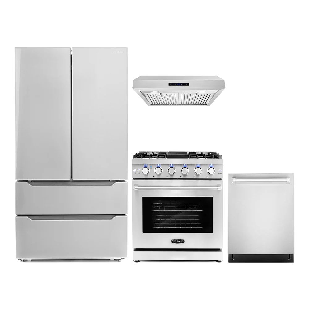 Cosmo 4-Piece Appliance Package - 30-Inch Gas Range, Under Cabinet Range Hood, Dishwasher and Refrigerator in Stainless Steel (COS-4PKG-128)