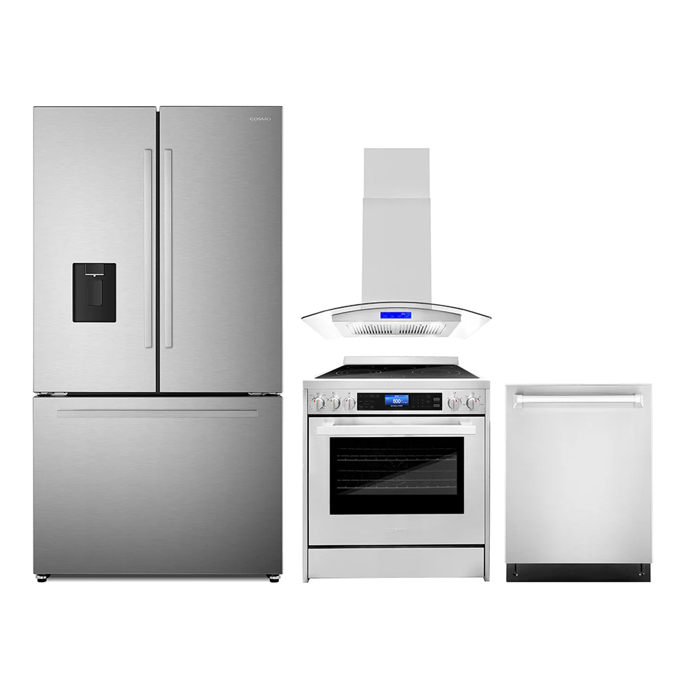 Cosmo 4-Piece Appliance Package - 30-Inch Single Oven Electric Range, Island Mount Range Hood, Dishwasher and Refrigerator with Water Dispenser in Stainless Steel (COS-4PKG-646)