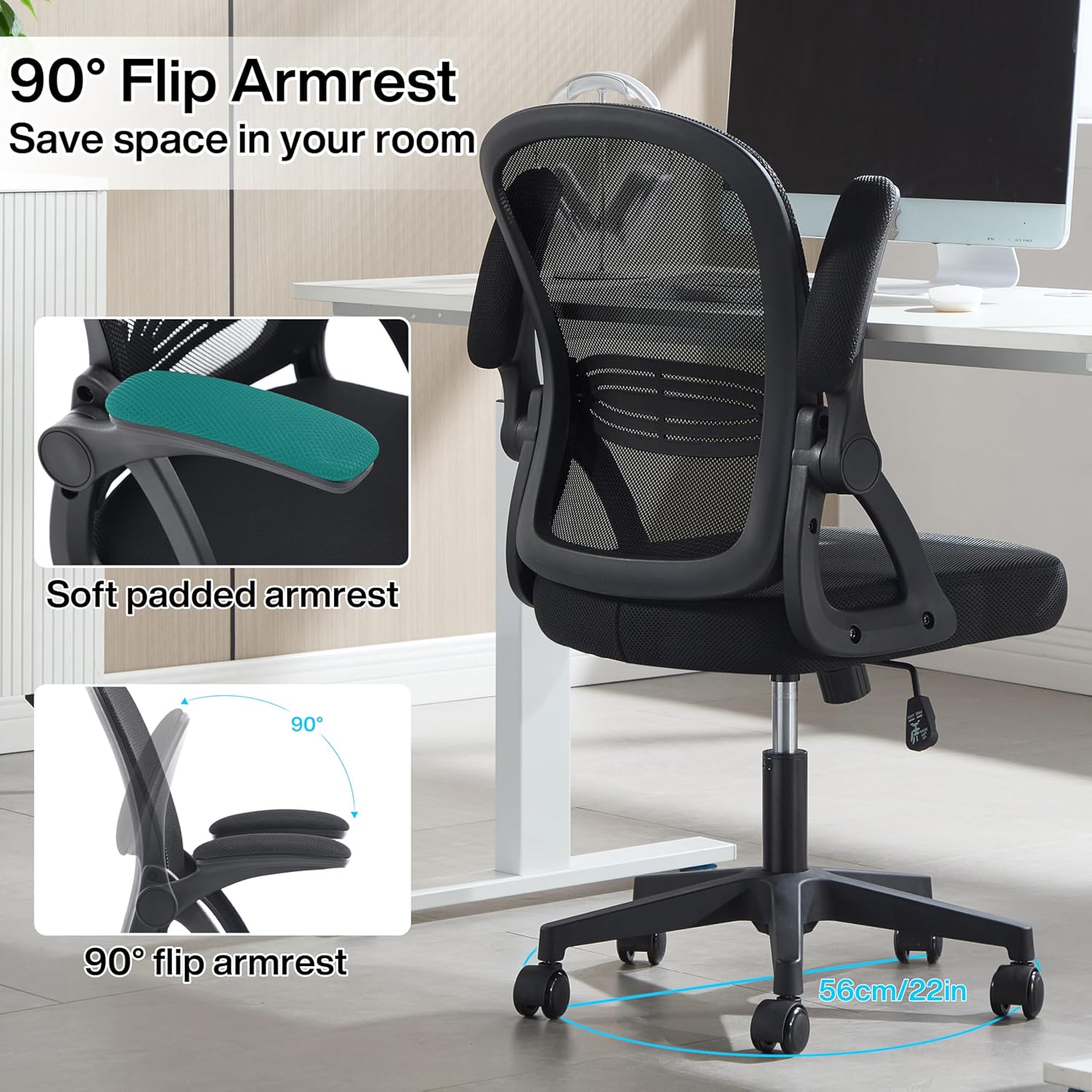 Fizzin Ergonomic Office Desk Chair, Mesh Computer Chair with Adjustable Comfy Flip-up Armrests and Adjustable Lumbar Support, Executive Chairs for Home, Bedroom, Study, Student(6PCS)