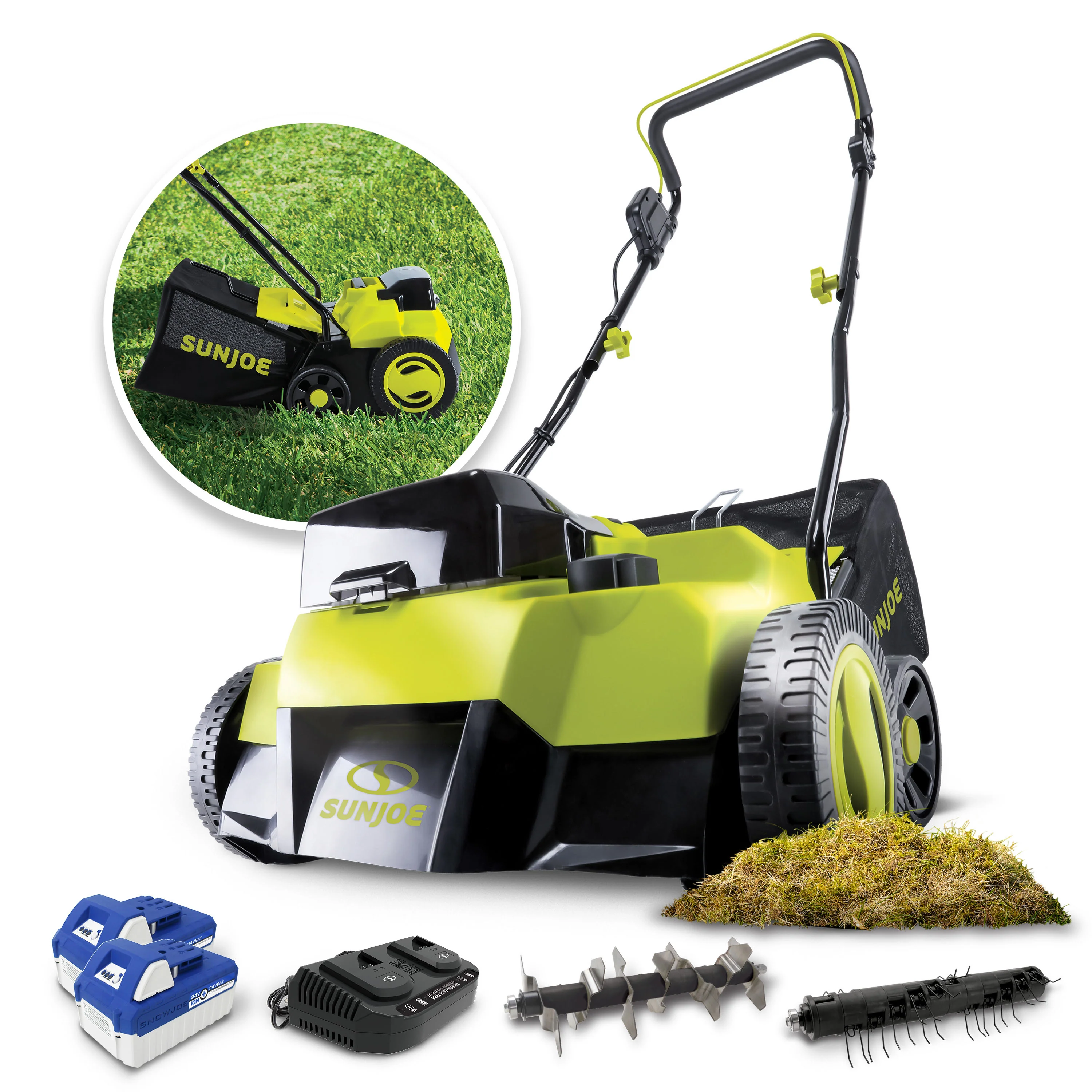 Sun Joe 24V-X2-DTS15 48-Volt* IONMAX Cordless Scarifier + Dethatcher | 5-Depth Positions | 15-inch | Brushless Motor | W/ 2 x 4.0-Ah Batteries + Charger