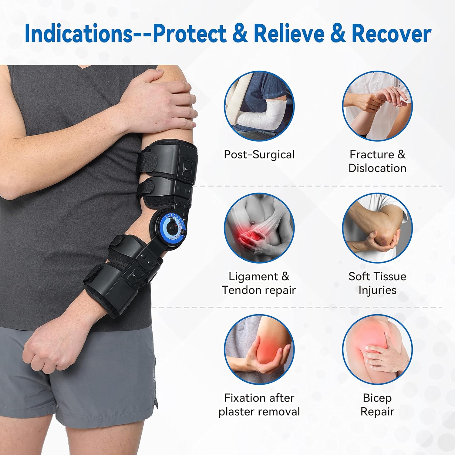 Orthomen Hinged ROM Elbow Brace Stabilizer, Adjustable Post OP Arm Support Splint for Surgery Recovery, Fracture & Dislocation, 10°-15° Incremental Control, Universal Fit Men and Women (Right)